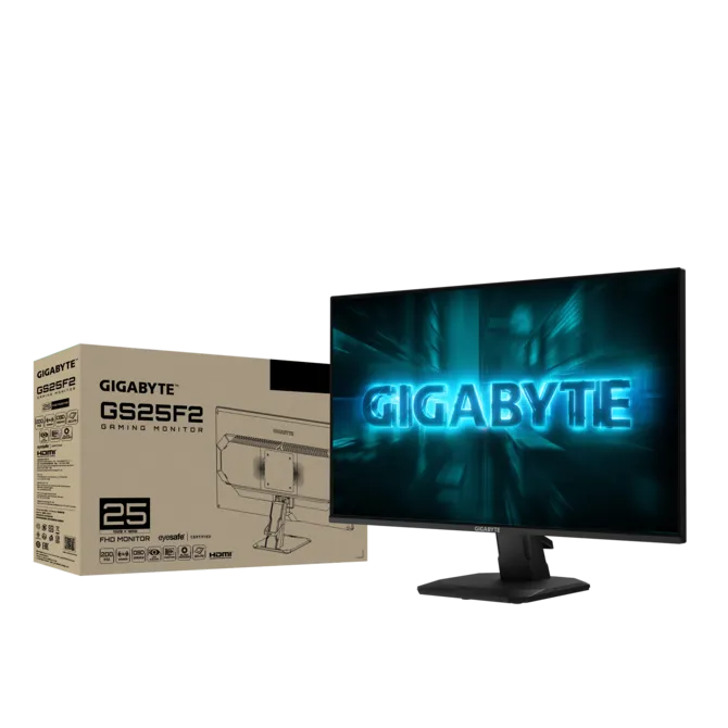 Monitor gaming Gigabyte y caja sobre fondo negro.