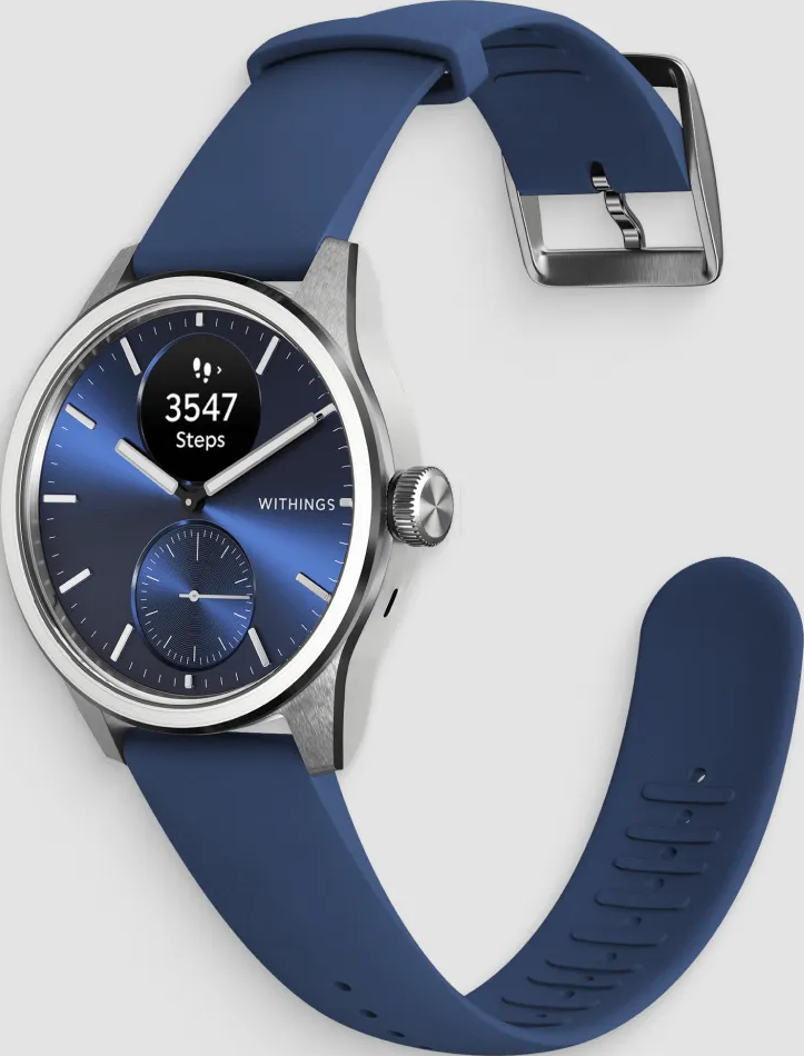 Une montre connectée bleue avec boîtier et cadran argentés affiche 3547 pas.