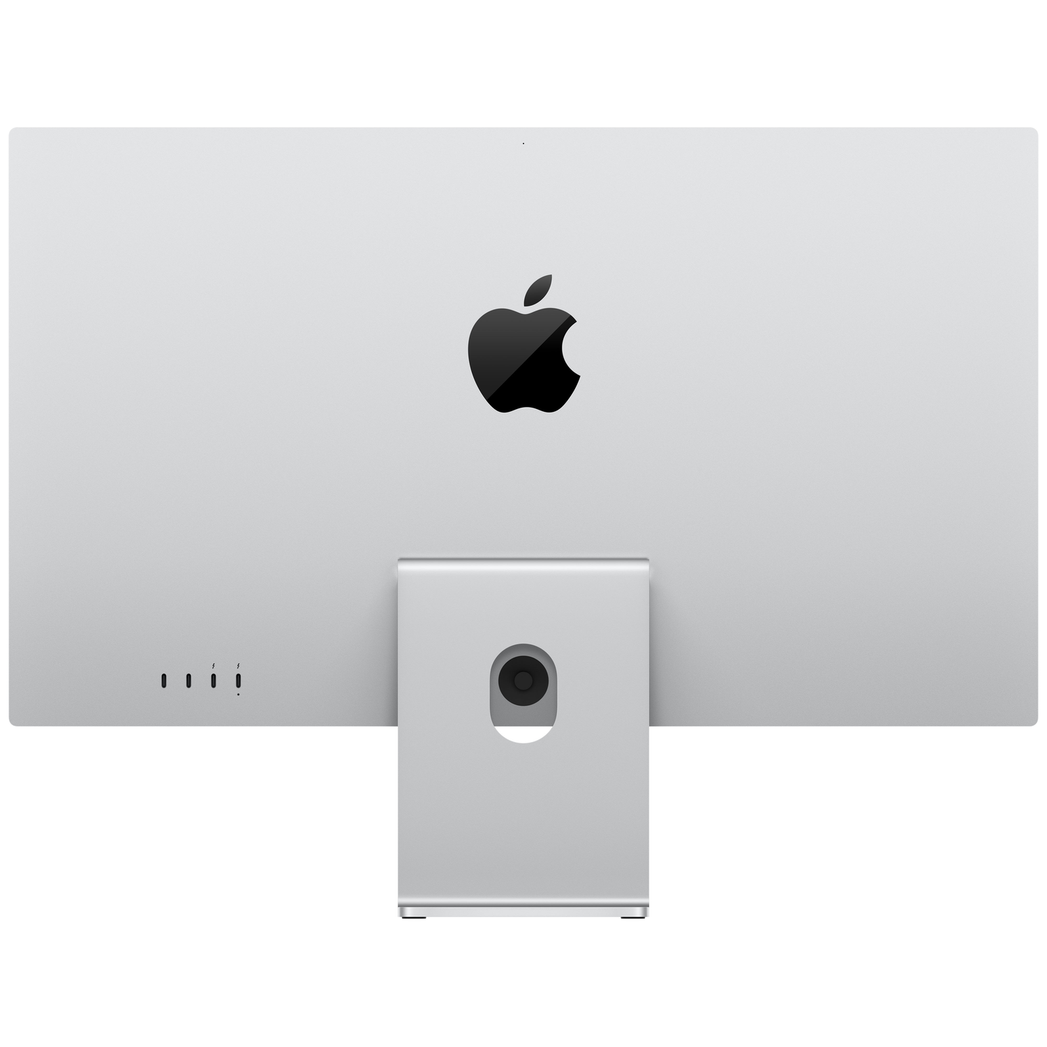 Back of a silver iMac with Apple logo and ports.