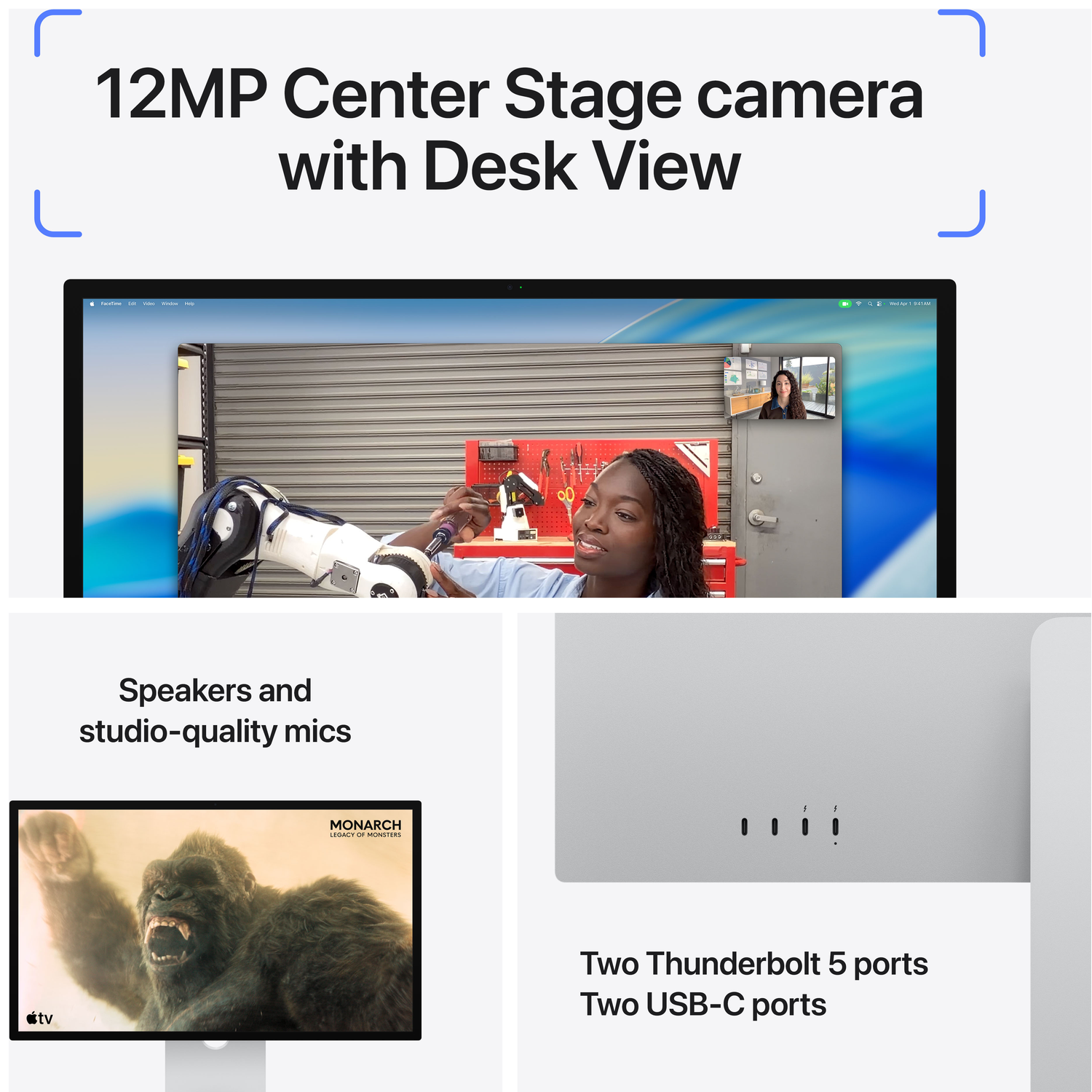 12MP camera, speakers, mics, ports, and a gorilla on an Apple TV screen.