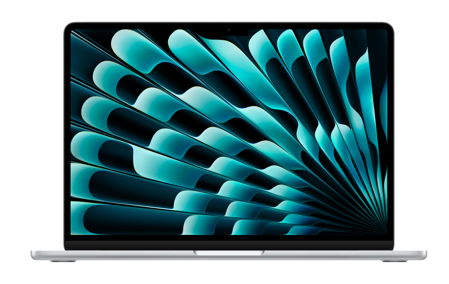 Srebrny laptop z abstrakcyjną, turkusową tapetą na ekranie.