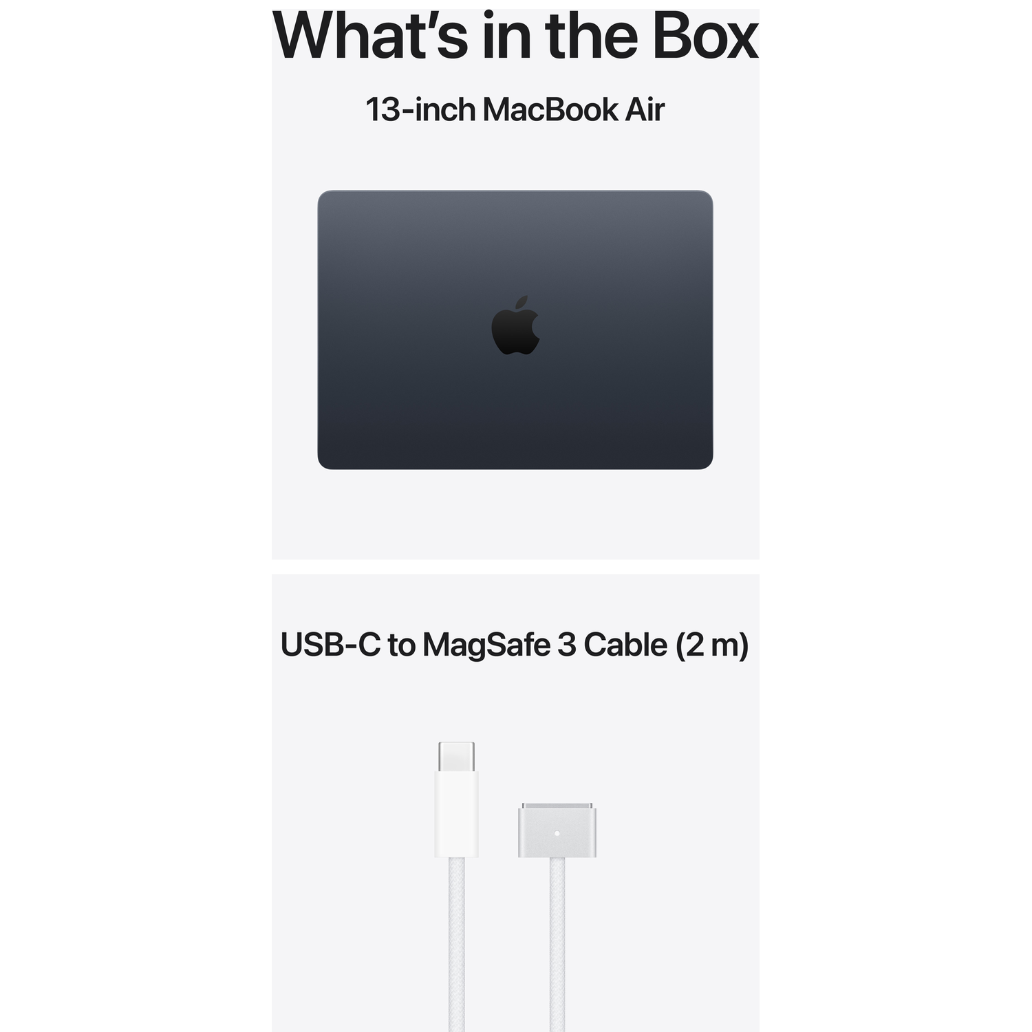 A dark 13-inch MacBook Air and a white USB-C to MagSafe 3 cable.