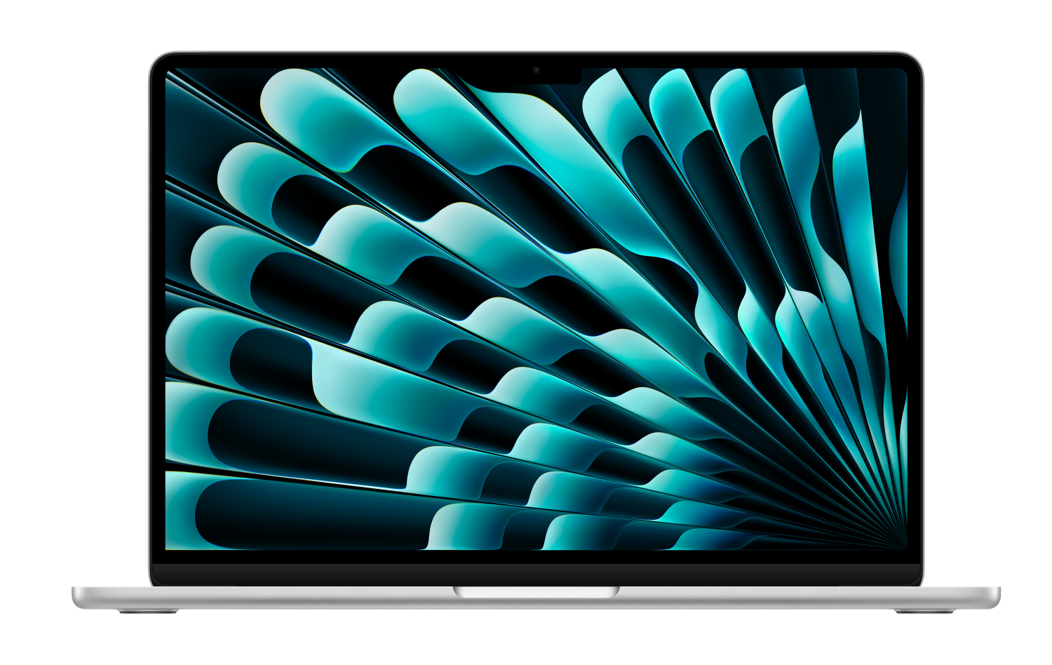 Otwarty laptop z abstrakcyjnym, turkusowym tłem na ekranie.