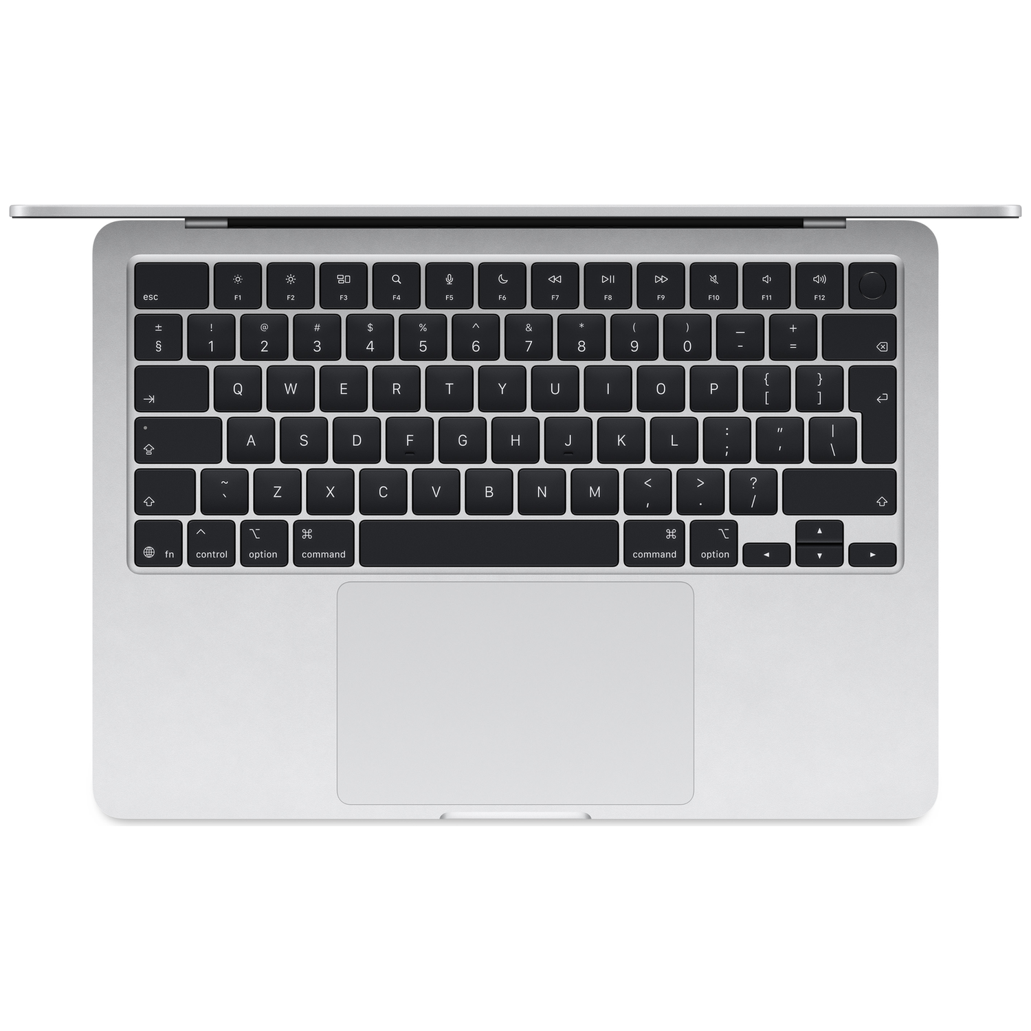 A silver laptop keyboard and trackpad are shown from above, with keys labeled.