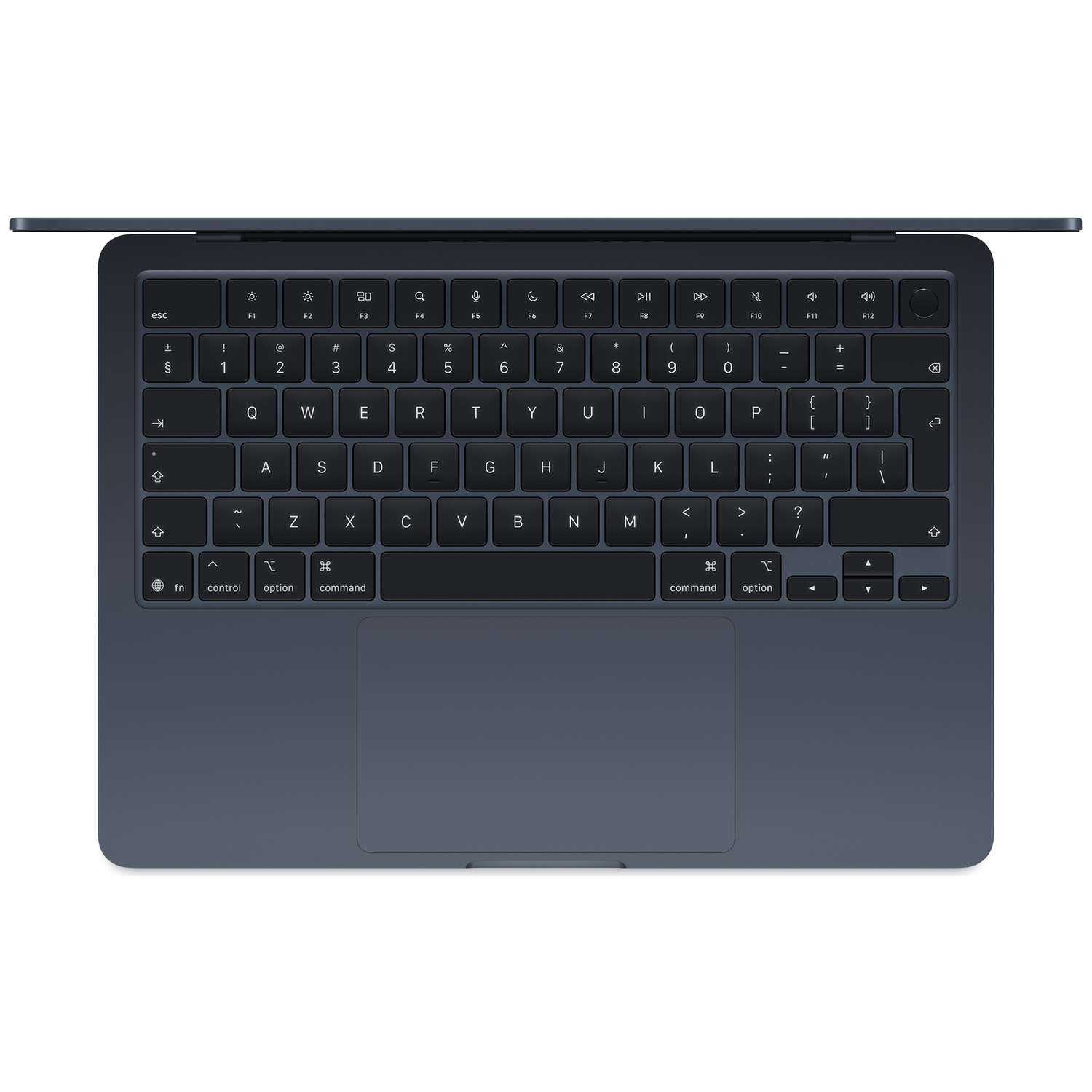 Top-down view of a dark blue laptop keyboard and trackpad with illuminated keys.