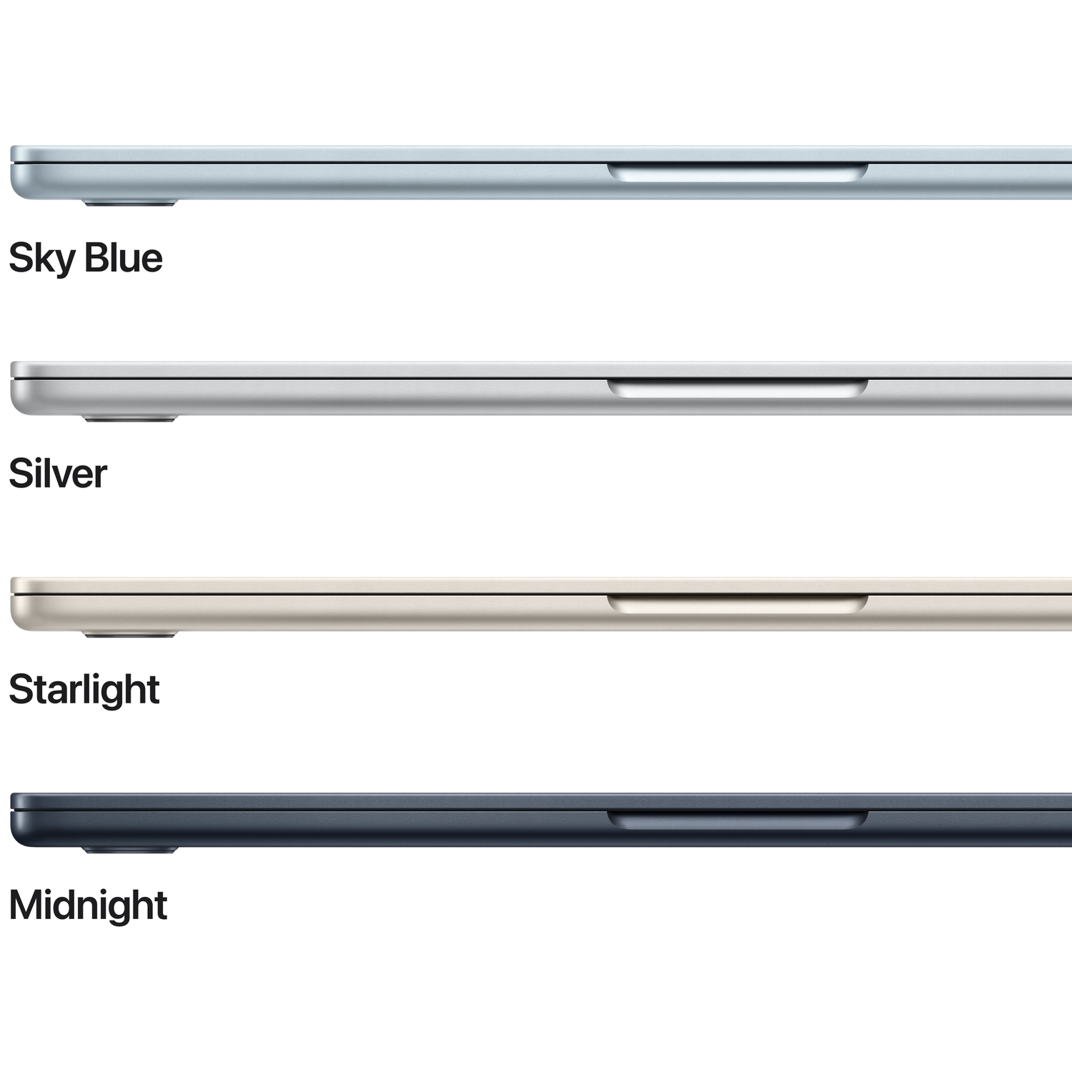 Four laptops shown in Sky Blue, Silver, Starlight, and Midnight.