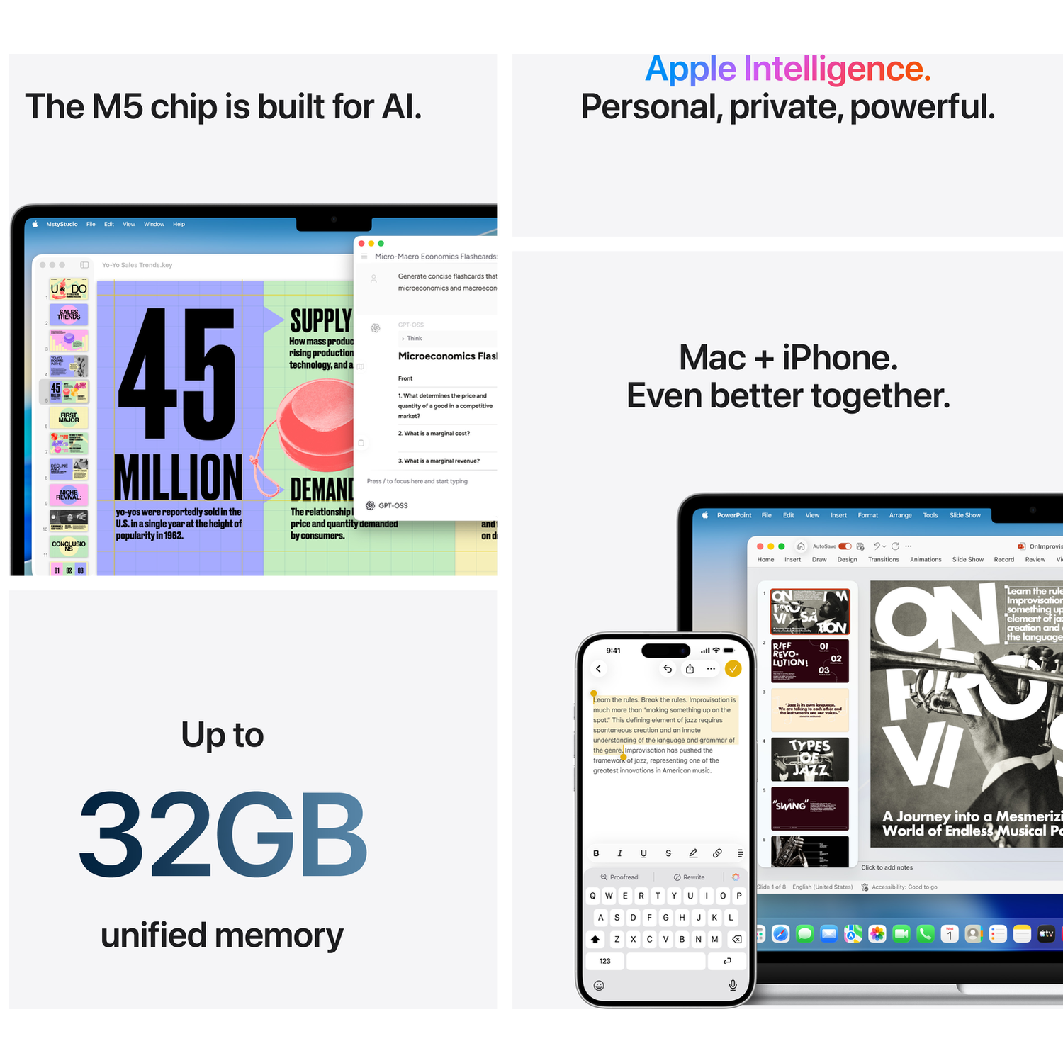 Apple devices highlight AI: M5 chip, Mac/iPhone synergy, 32GB unified memory.