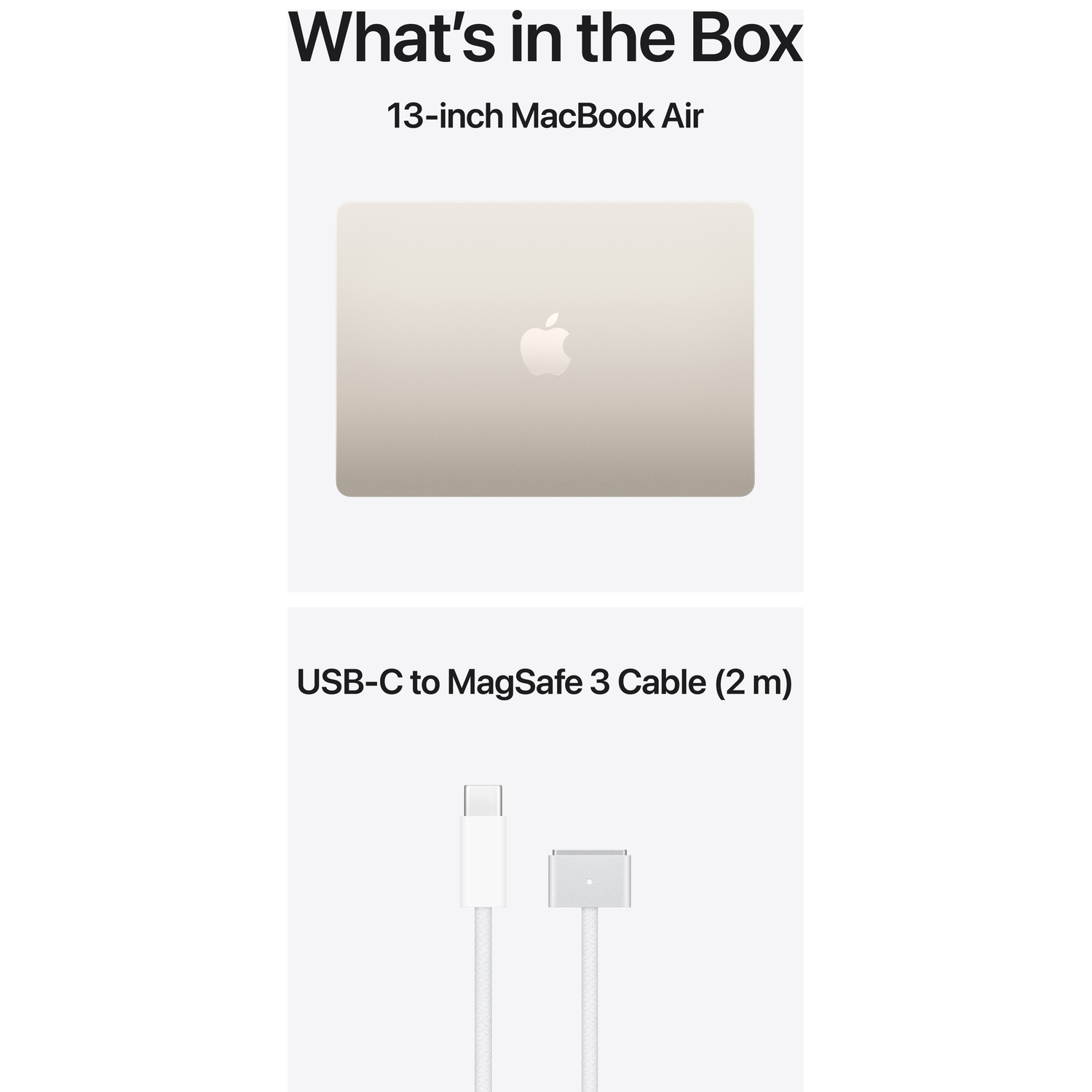 A light gold MacBook Air and a white USB-C to MagSafe 3 cable.