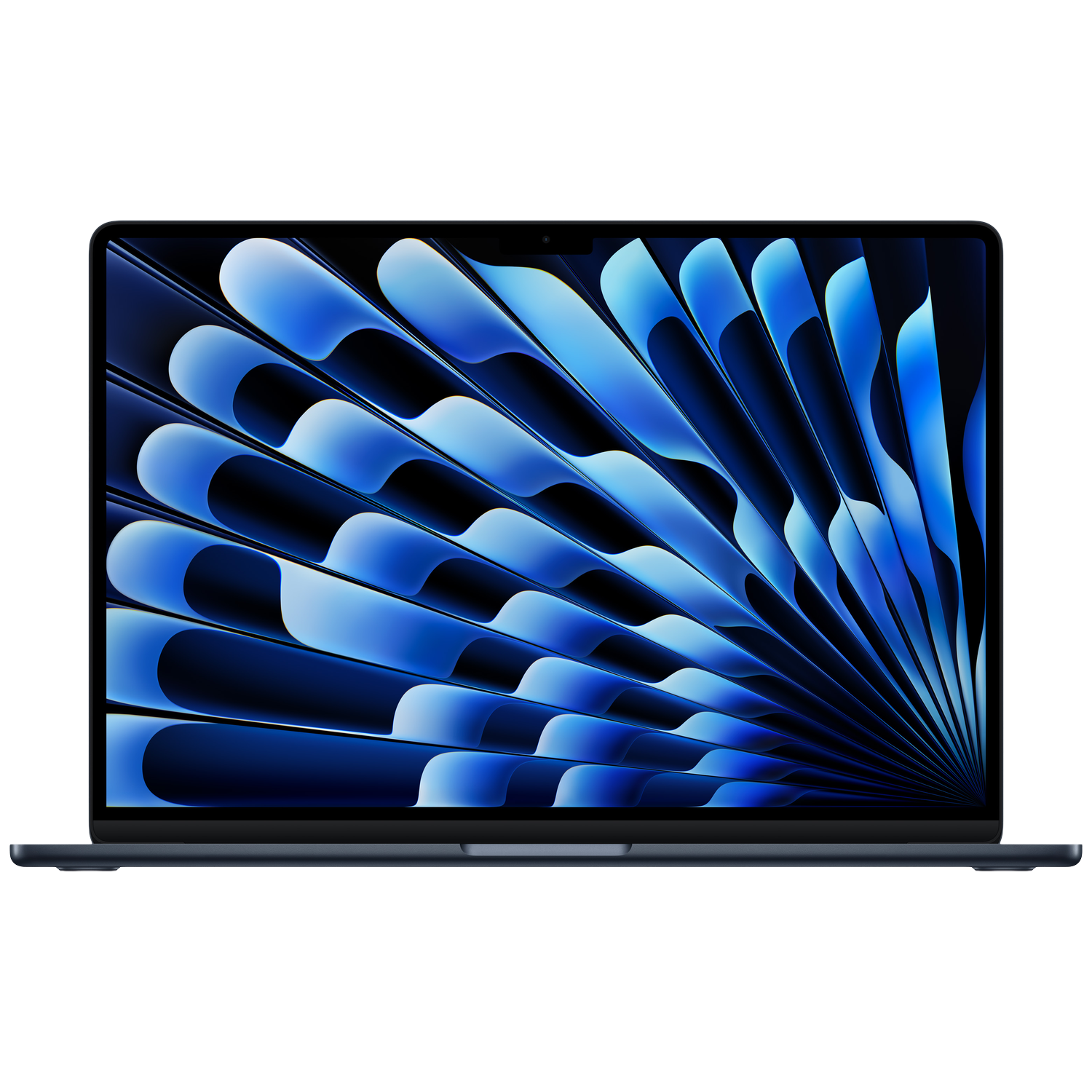 Een donkere, open MacBook met een blauw golfpatroon op het scherm.