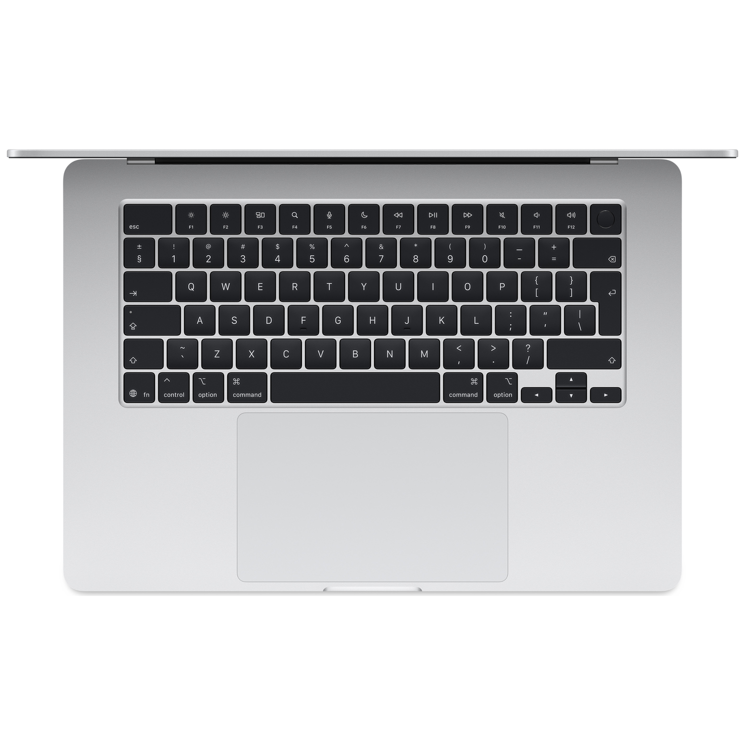 An open silver laptop with a black keyboard and trackpad.
