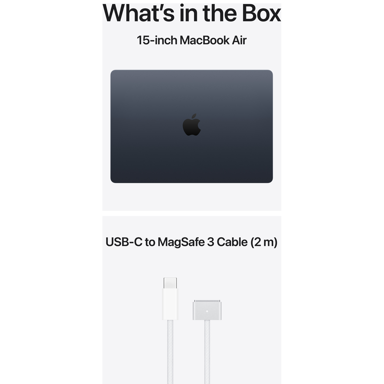 Donkergrijs MacBook Air met Apple-logo en witte USB-C naar MagSafe 3 kabel.