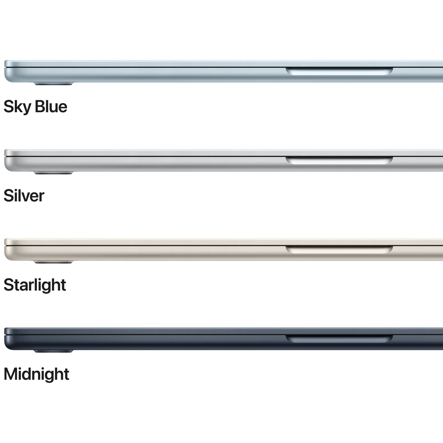Four laptops in Sky Blue, Silver, Starlight, and Midnight colors, seen from above.