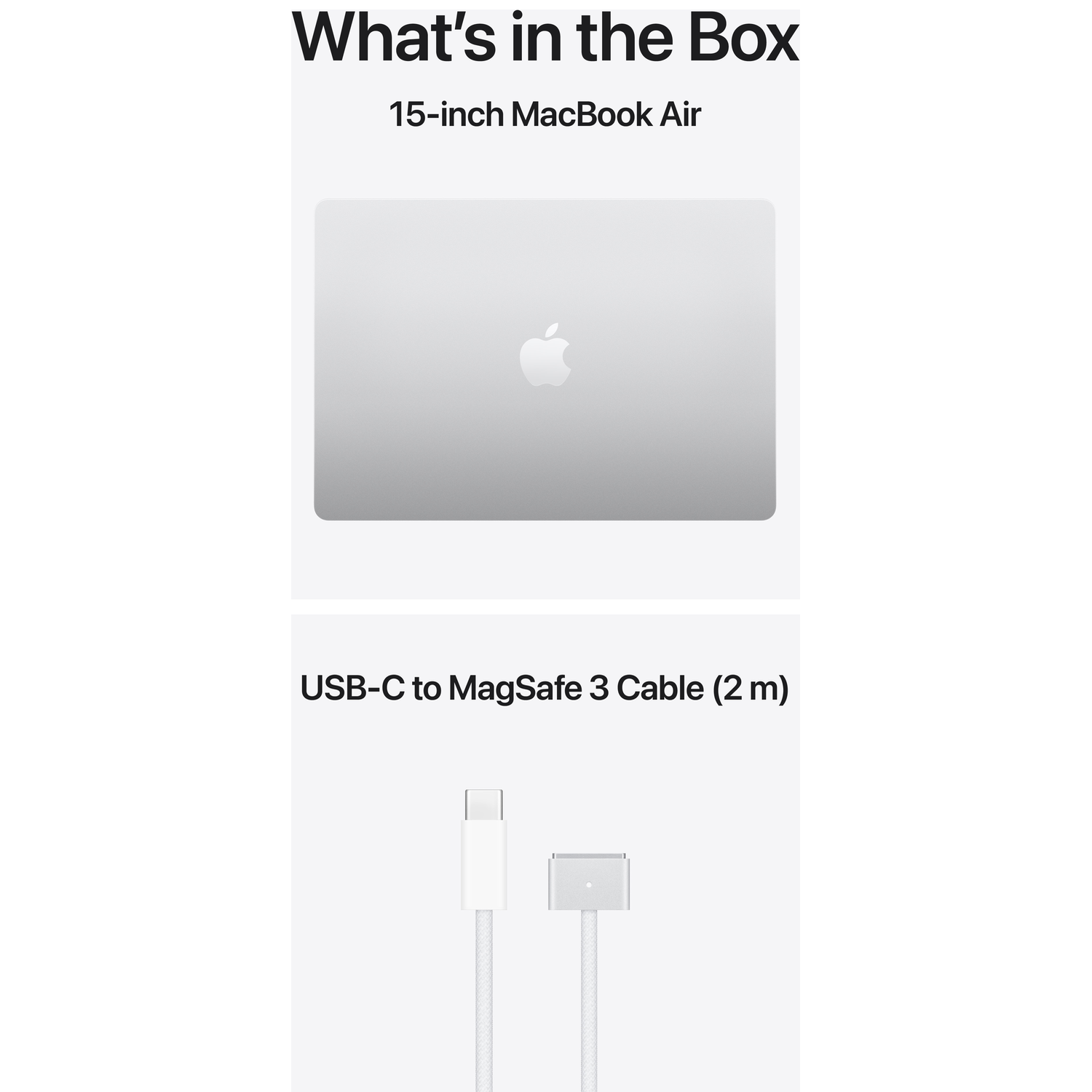 A silver MacBook Air and a white USB-C to MagSafe 3 cable.
