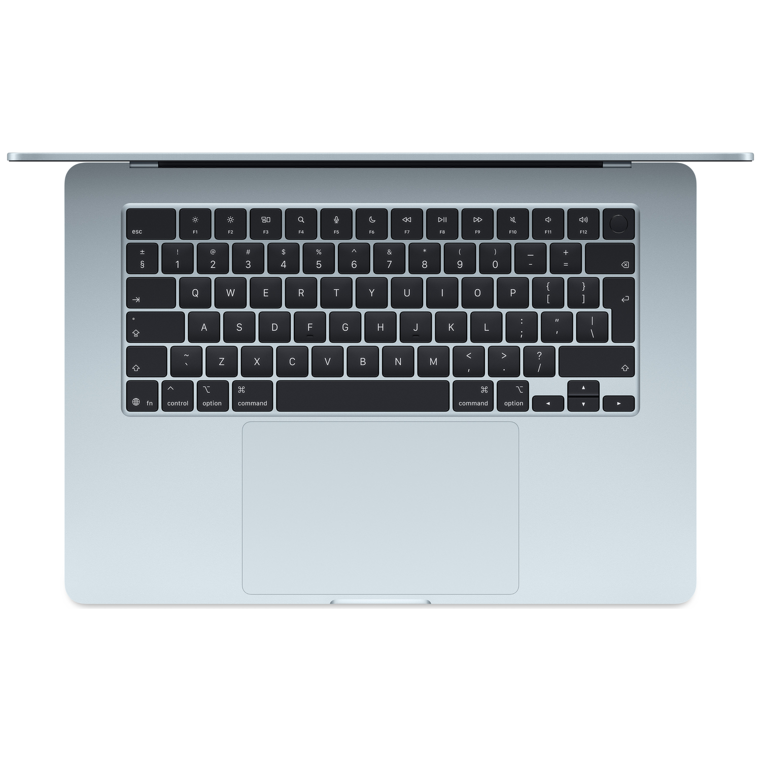 A light blue MacBook with its lid open, viewed from above showing the keyboard.
