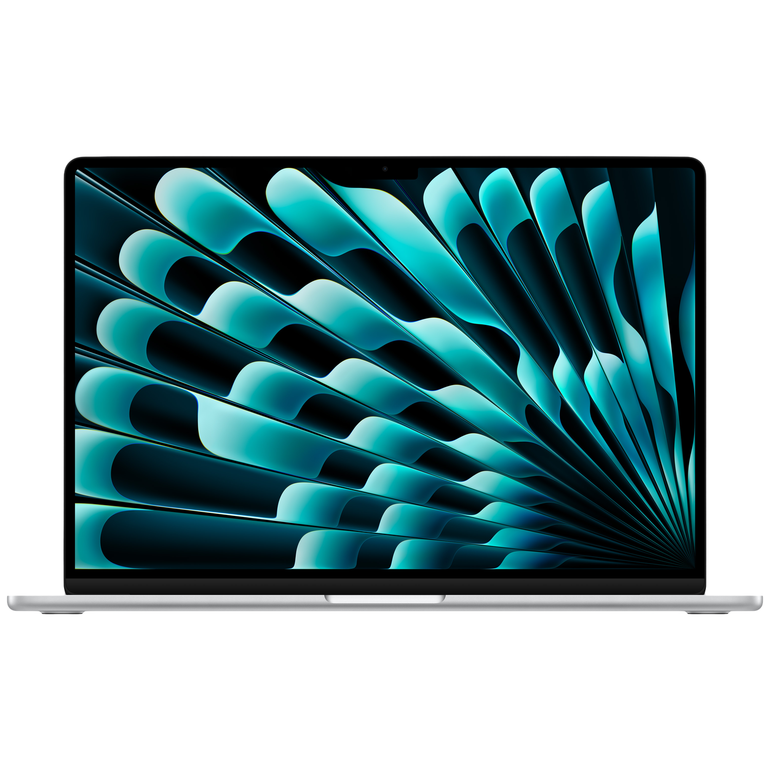 A silver laptop displaying an abstract teal-colored background on its screen.