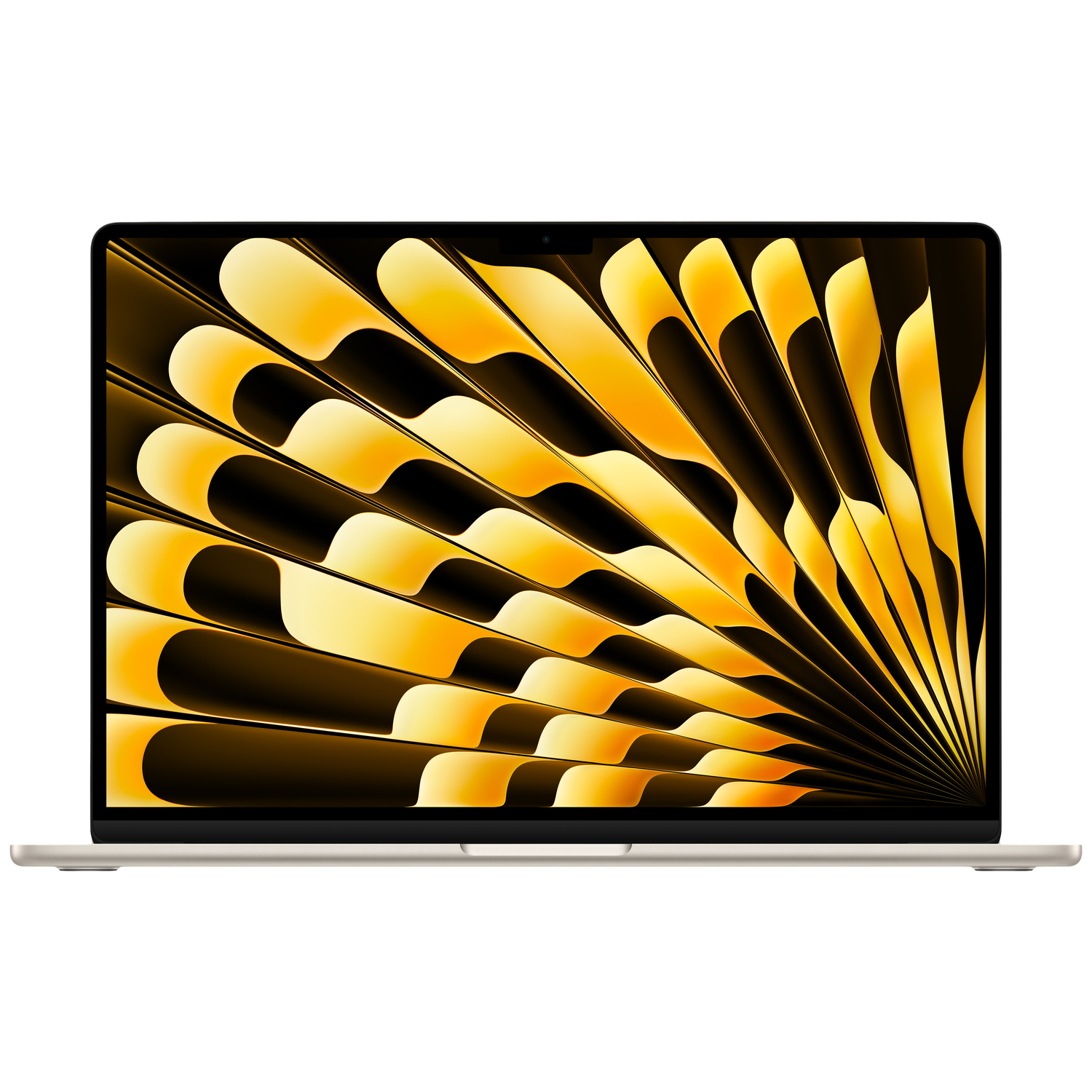 A silver laptop displaying an abstract yellow fan-like wallpaper.