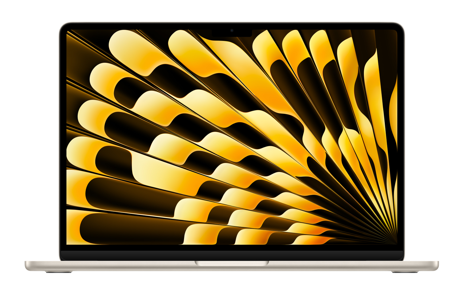 Srebrny laptop z żółto-złotą tapetą w kształcie wachlarza na ekranie.