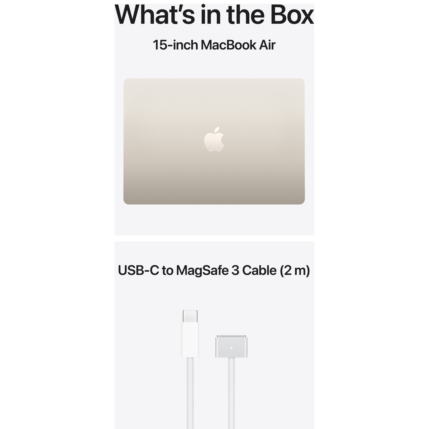 A gold 15-inch MacBook Air and a white USB-C to MagSafe 3 Cable.