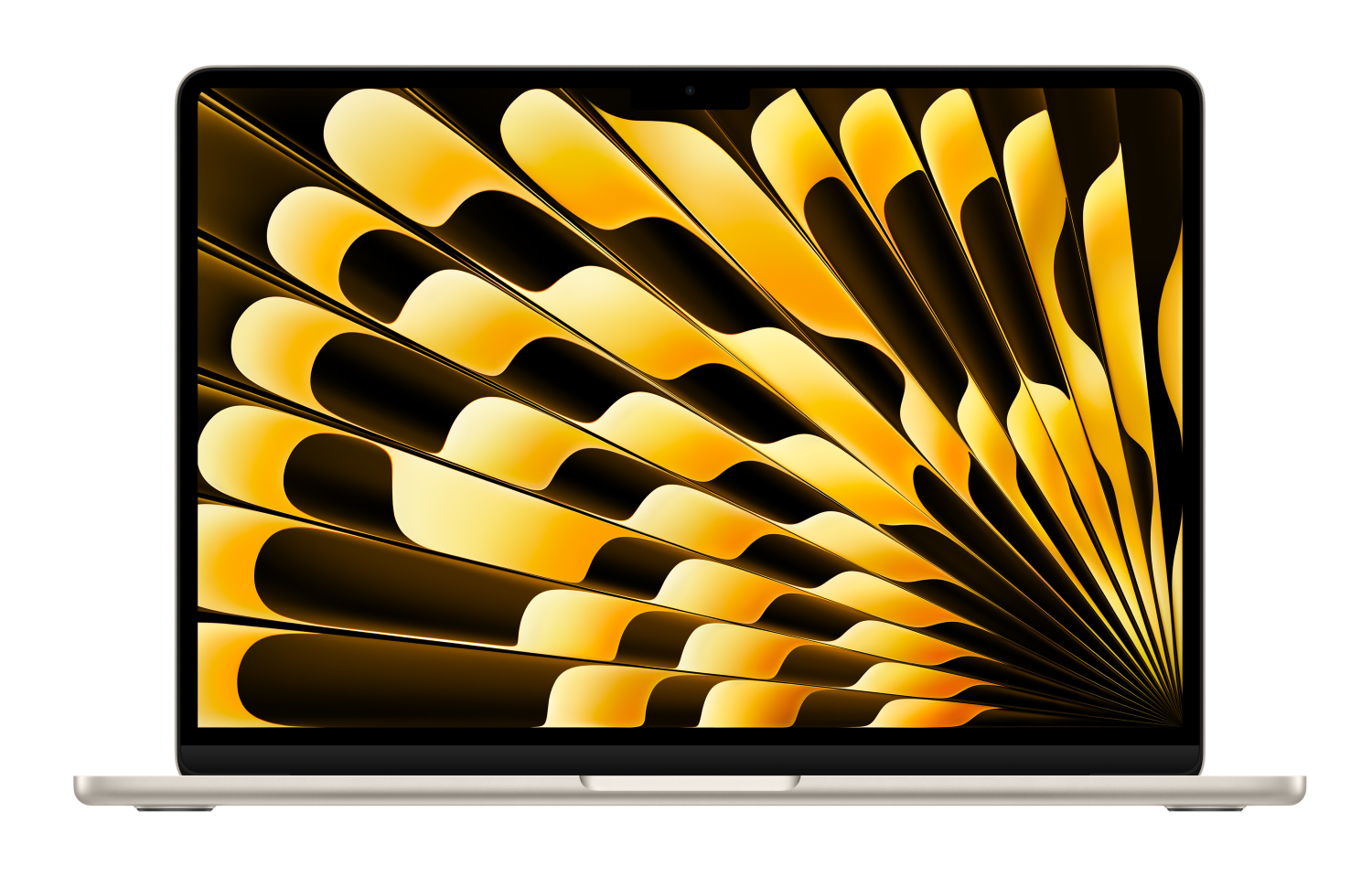 Otwarty laptop wyświetla abstrakcyjny wzór przypominający wachlarz w odcieniach żółci i złota.