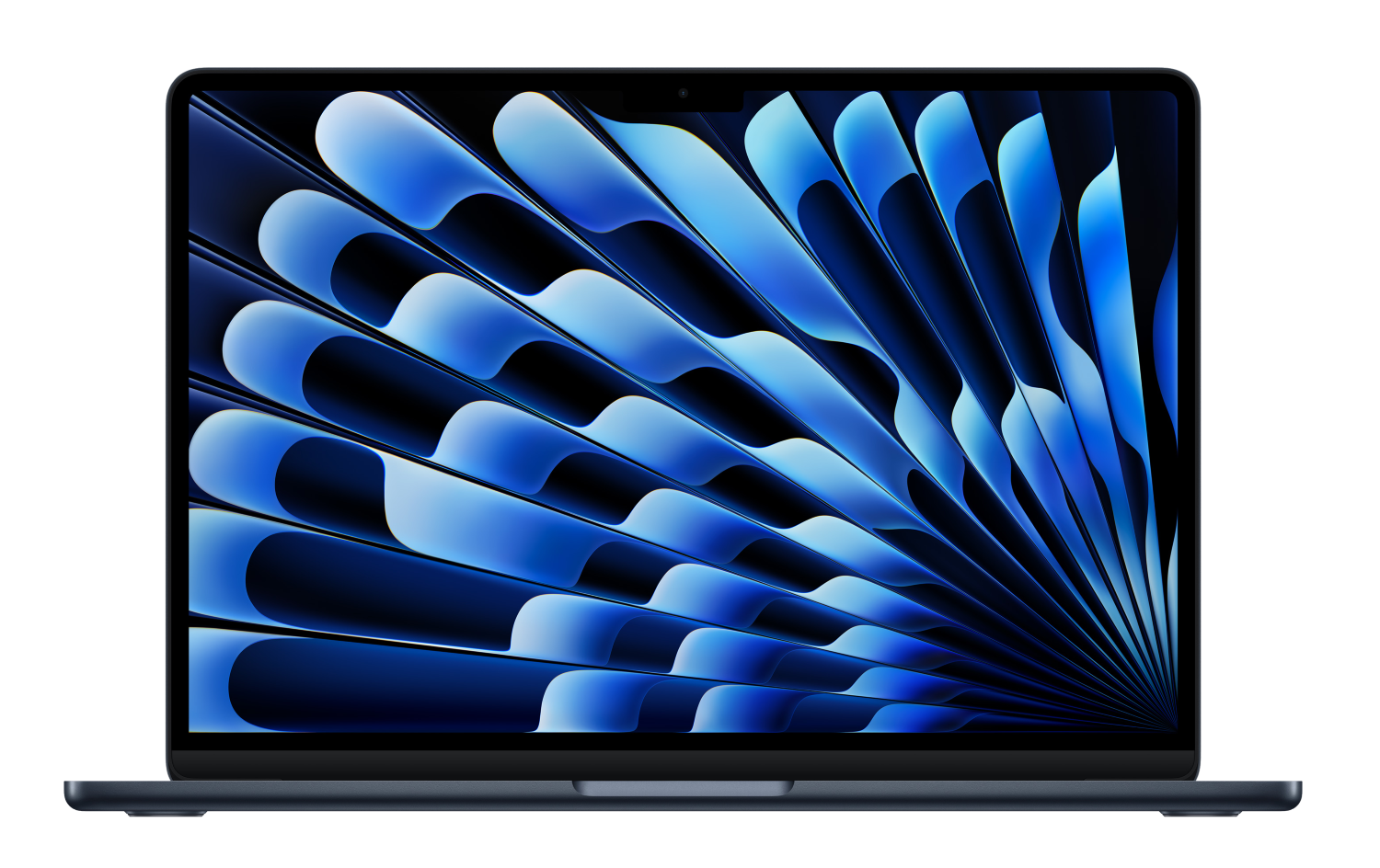 Otwarty ciemnoniebieski laptop wyświetla abstrakcyjne niebieskie tło z zakrzywionymi liniami.