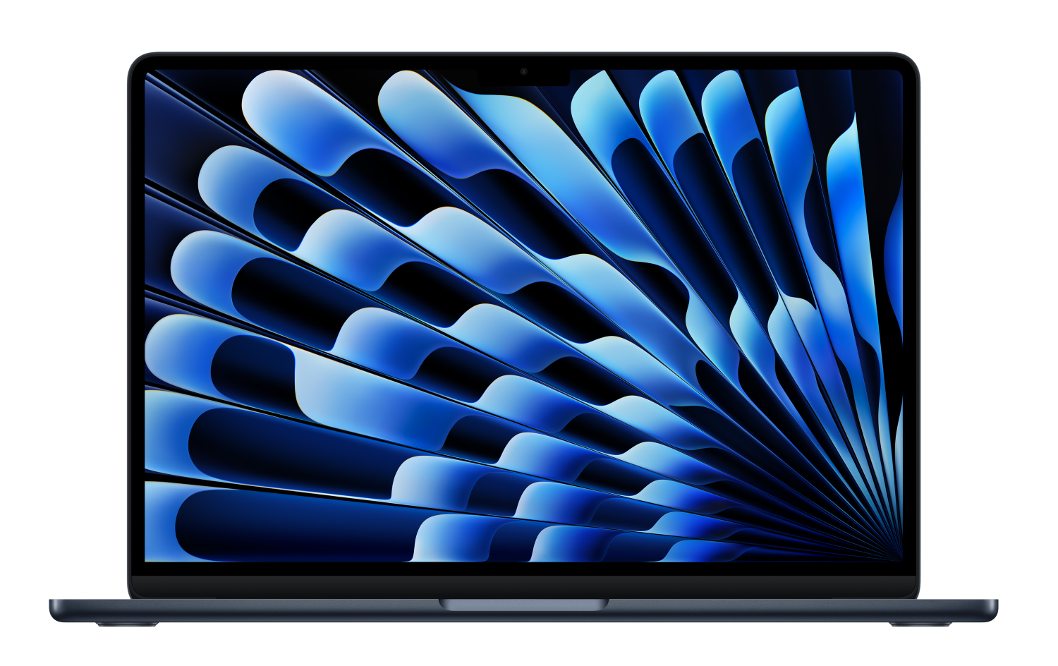 Niebieski laptop z abstrakcyjną niebieską tapetą na ekranie.