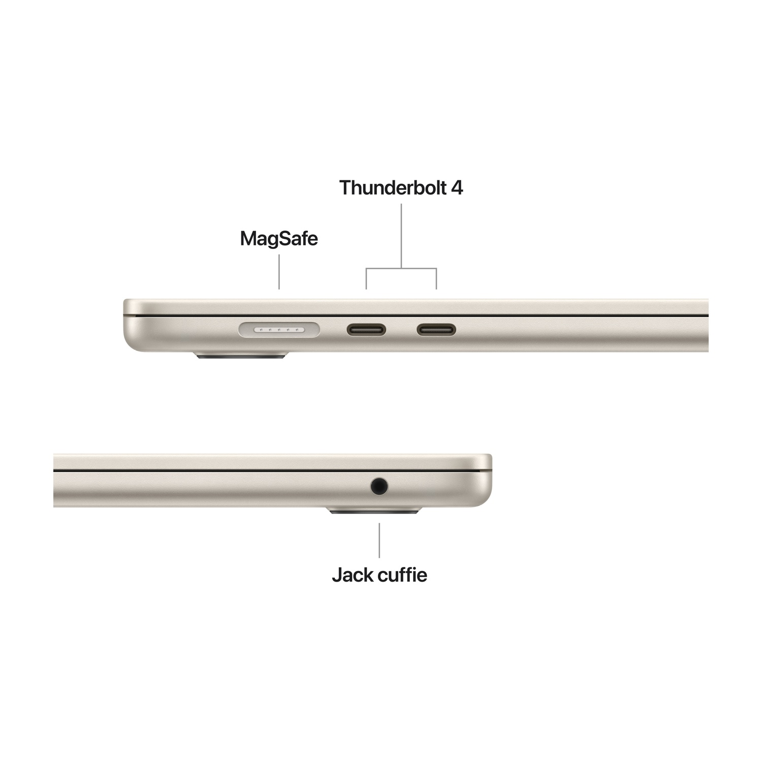 Vista laterale di un laptop con MagSafe, porte Thunderbolt 4 e jack per cuffie.