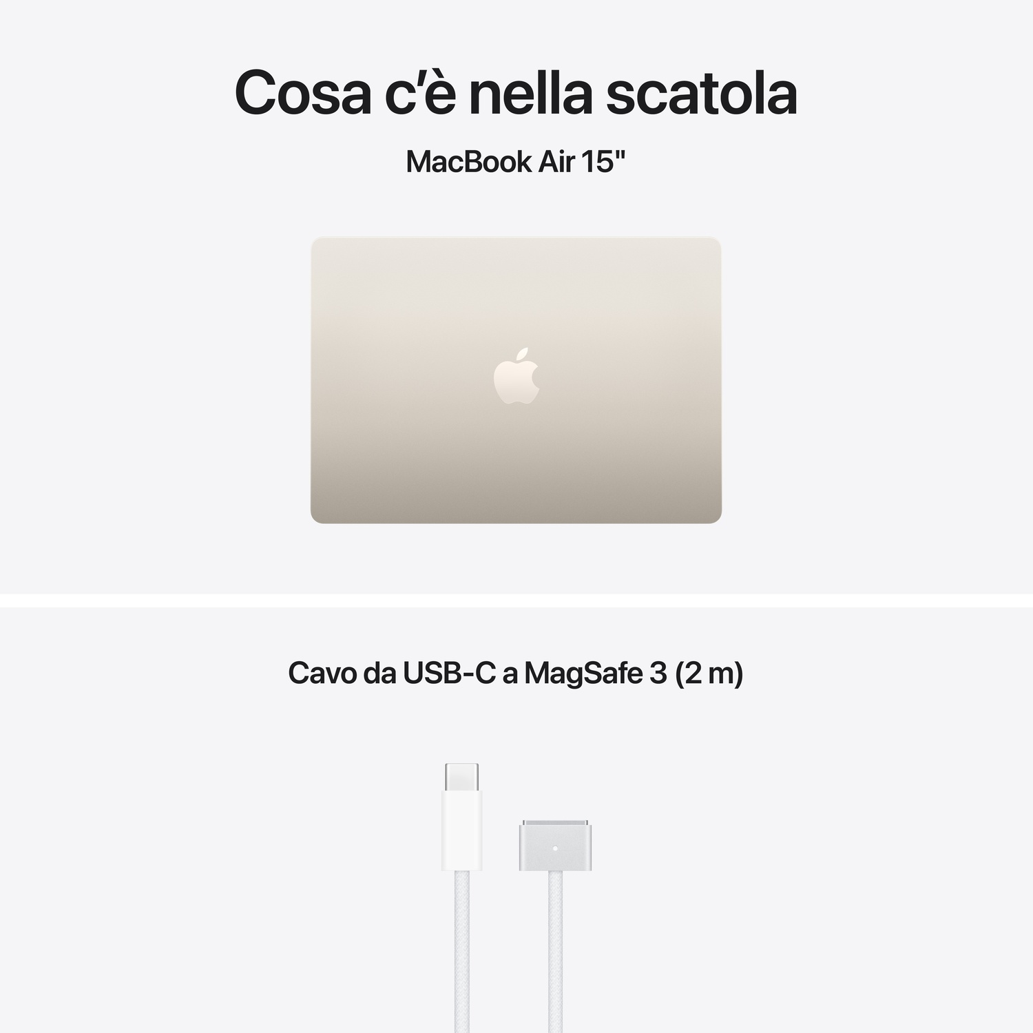 Un MacBook Air 15" e un cavo USB-C a MagSafe 3 (2m).