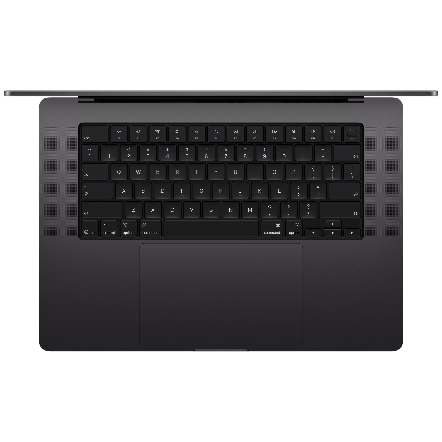 A dark gray laptop with an open lid, showing the full keyboard and trackpad.