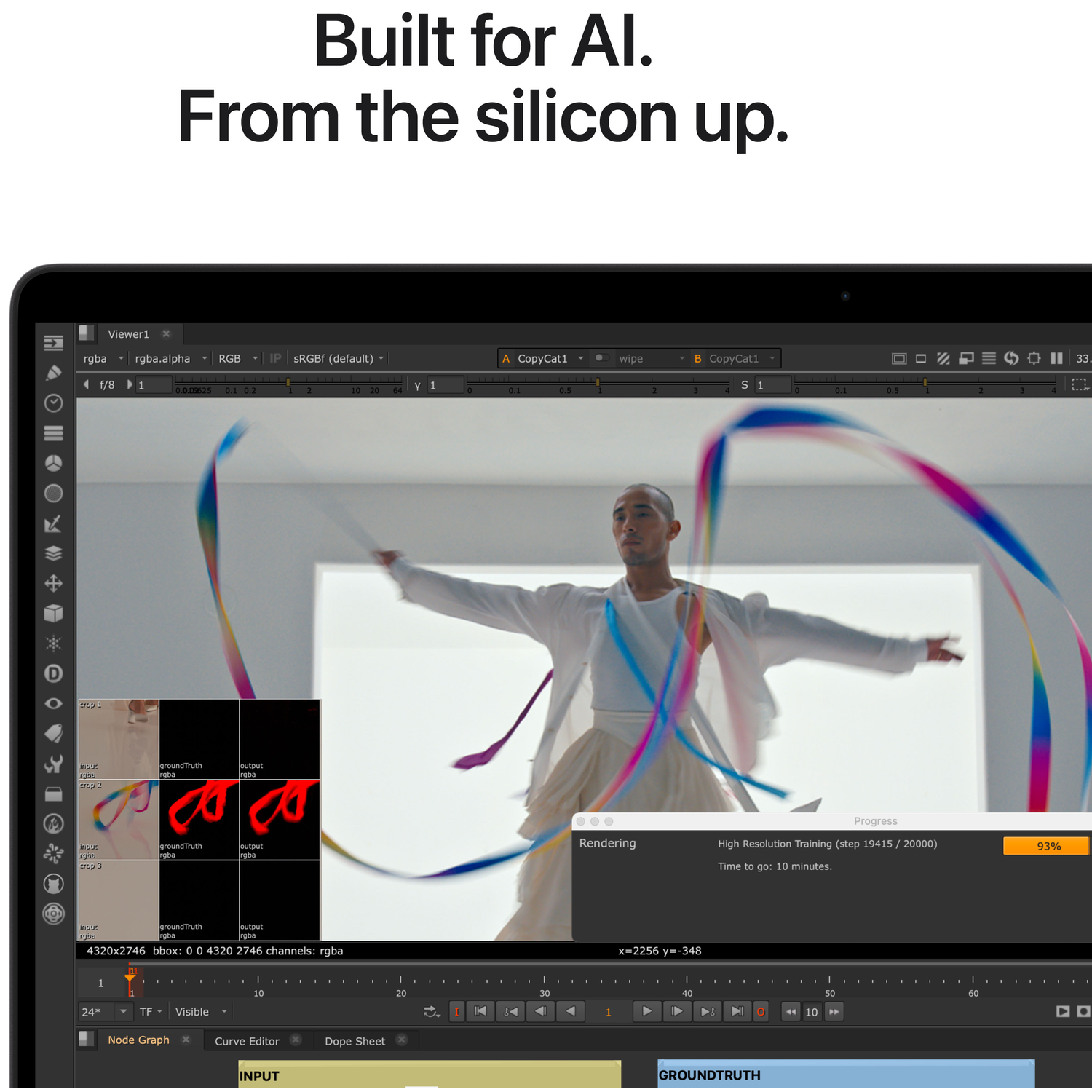 Man in white dances with colorful ribbons. Software interface shown.