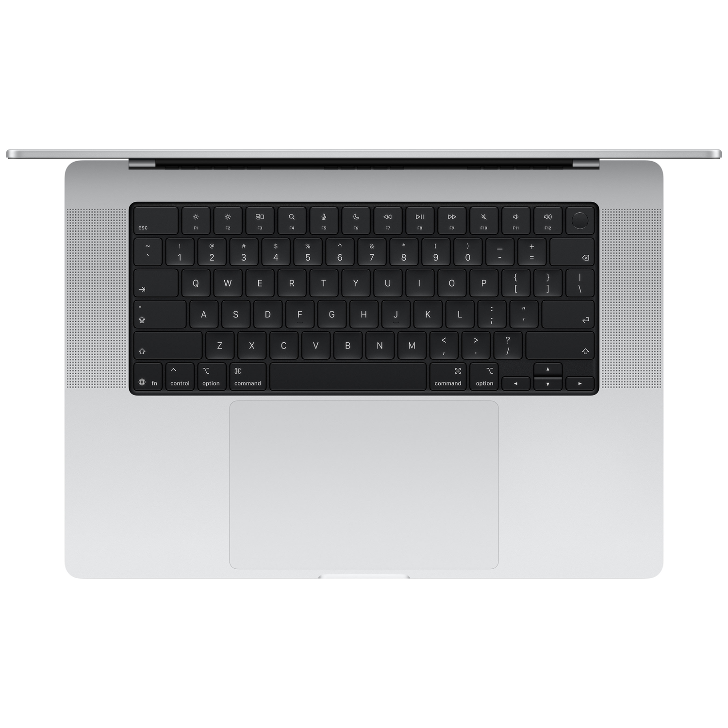 Silver laptop with black keyboard and large trackpad, viewed from above.