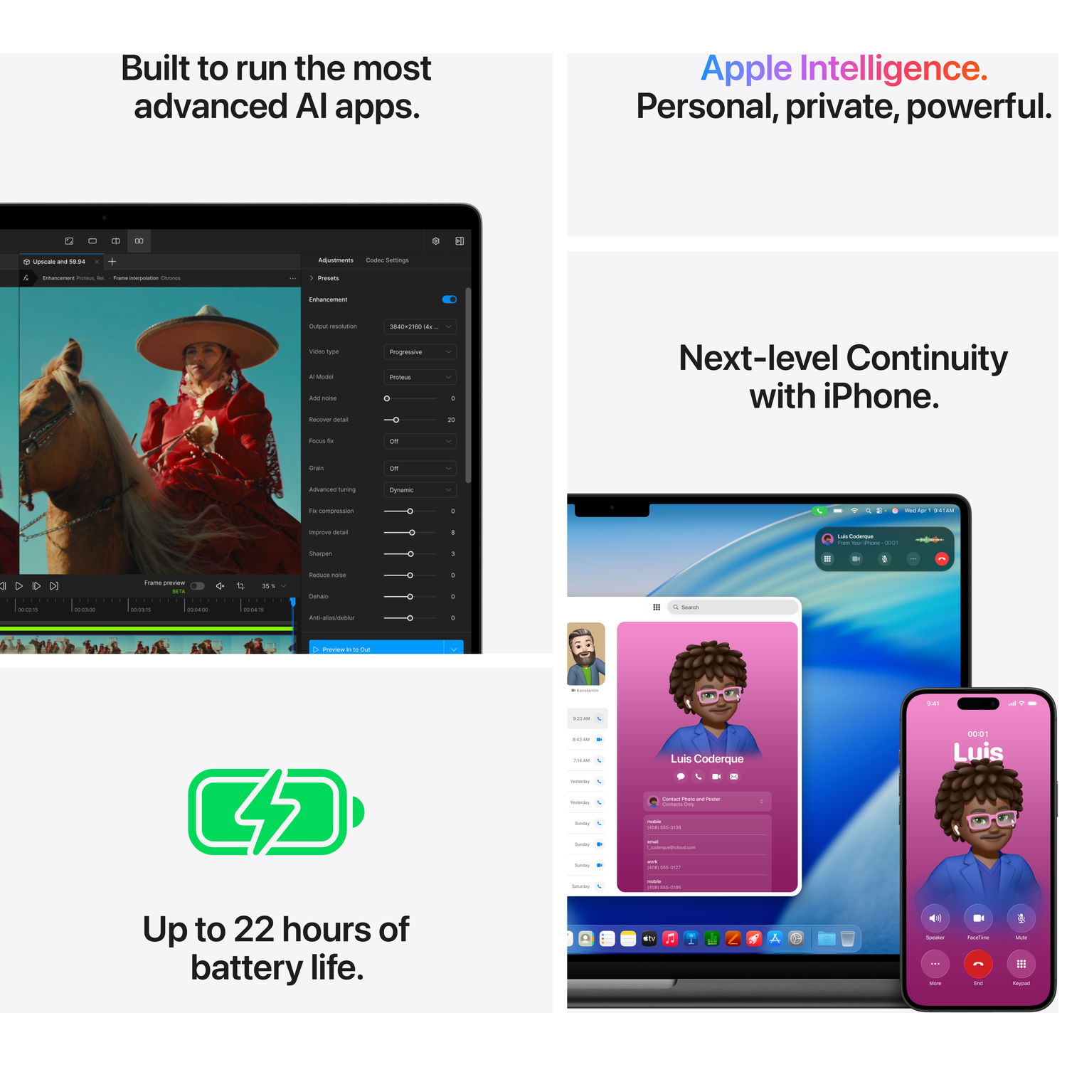 A MacBook with video editing software, an iPhone, and a MacBook with a call.
