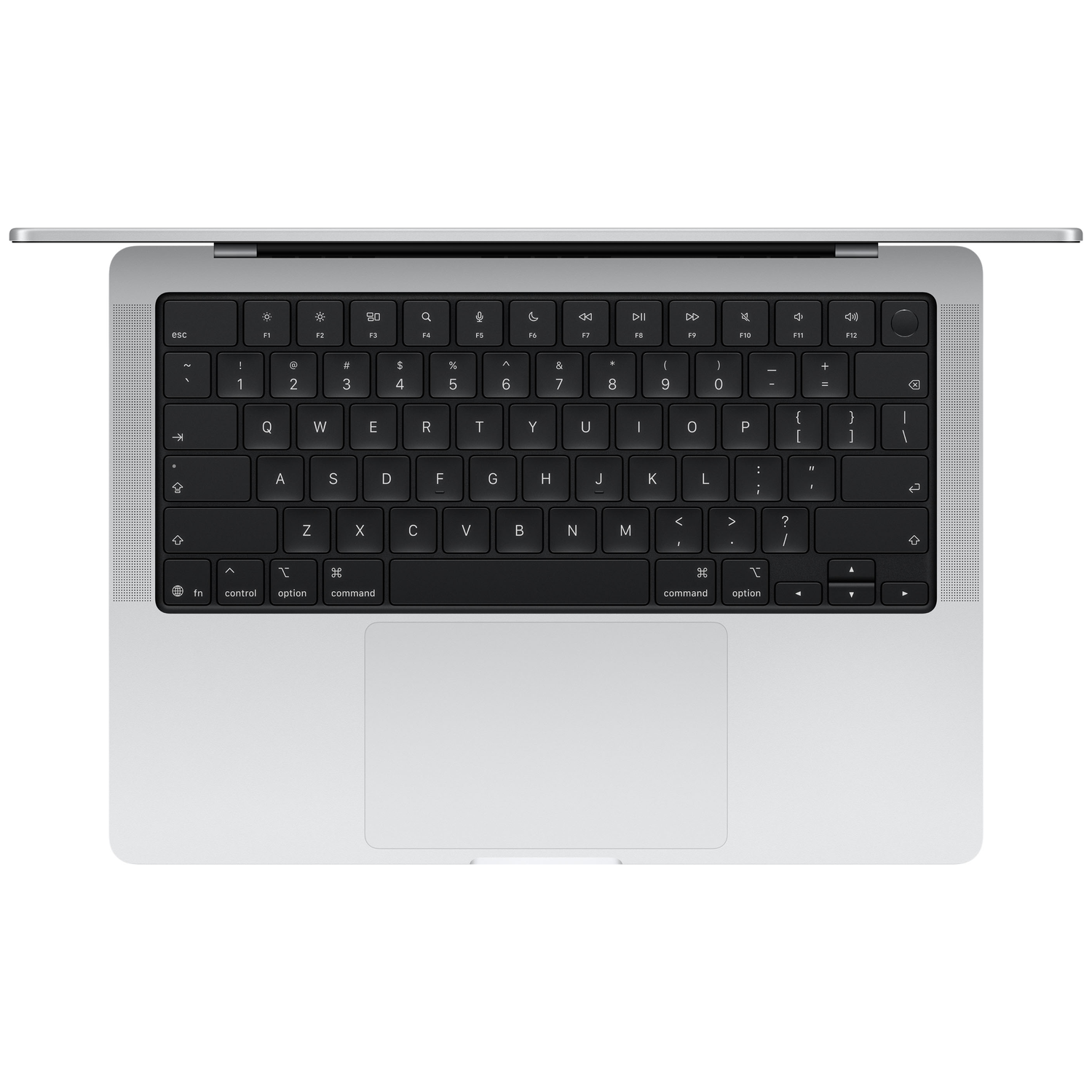 A silver laptop is open from above, showing its keyboard and trackpad.