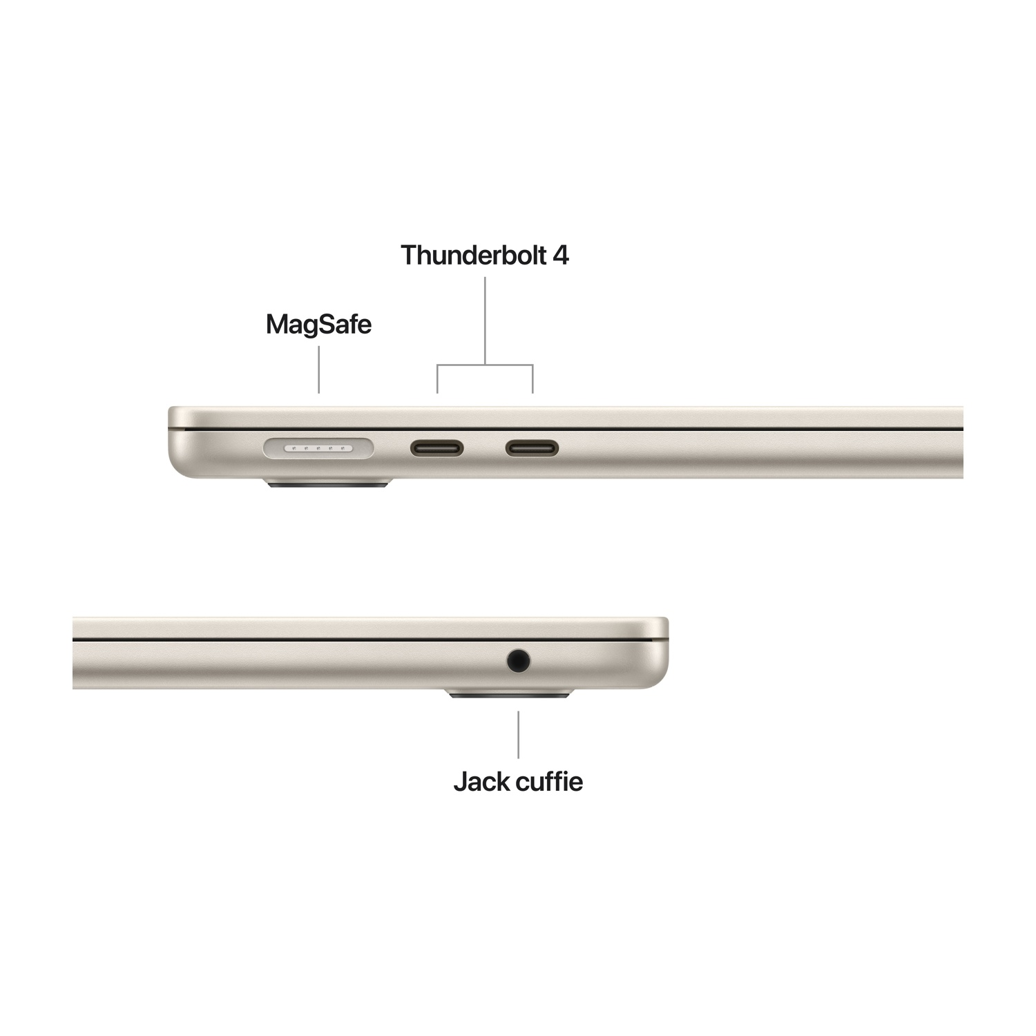 Vista laterale di un laptop che mostra MagSafe, due porte Thunderbolt 4 e un jack per cuffie.