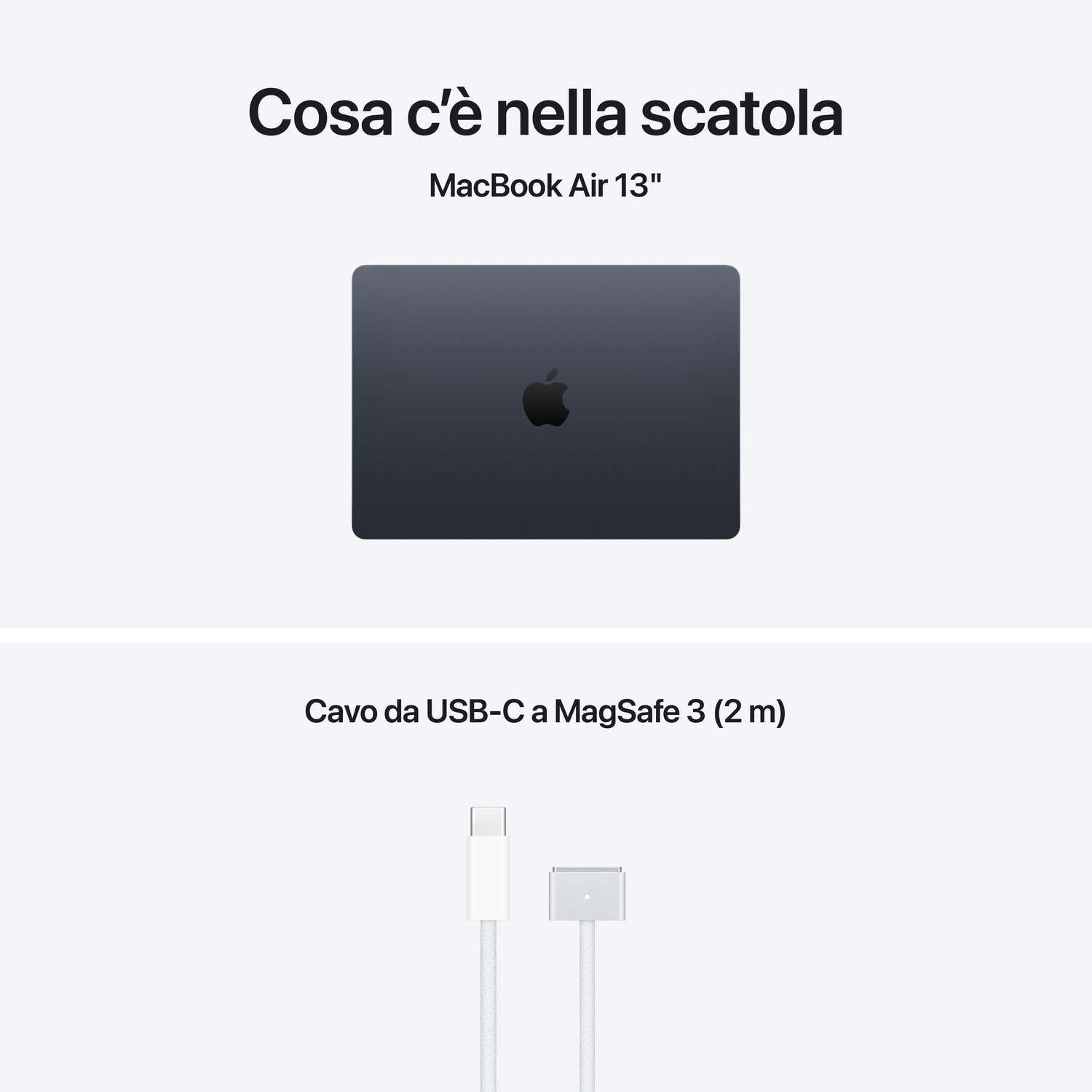 Un MacBook Air 13" scuro e un cavo USB-C a MagSafe 3 bianco.