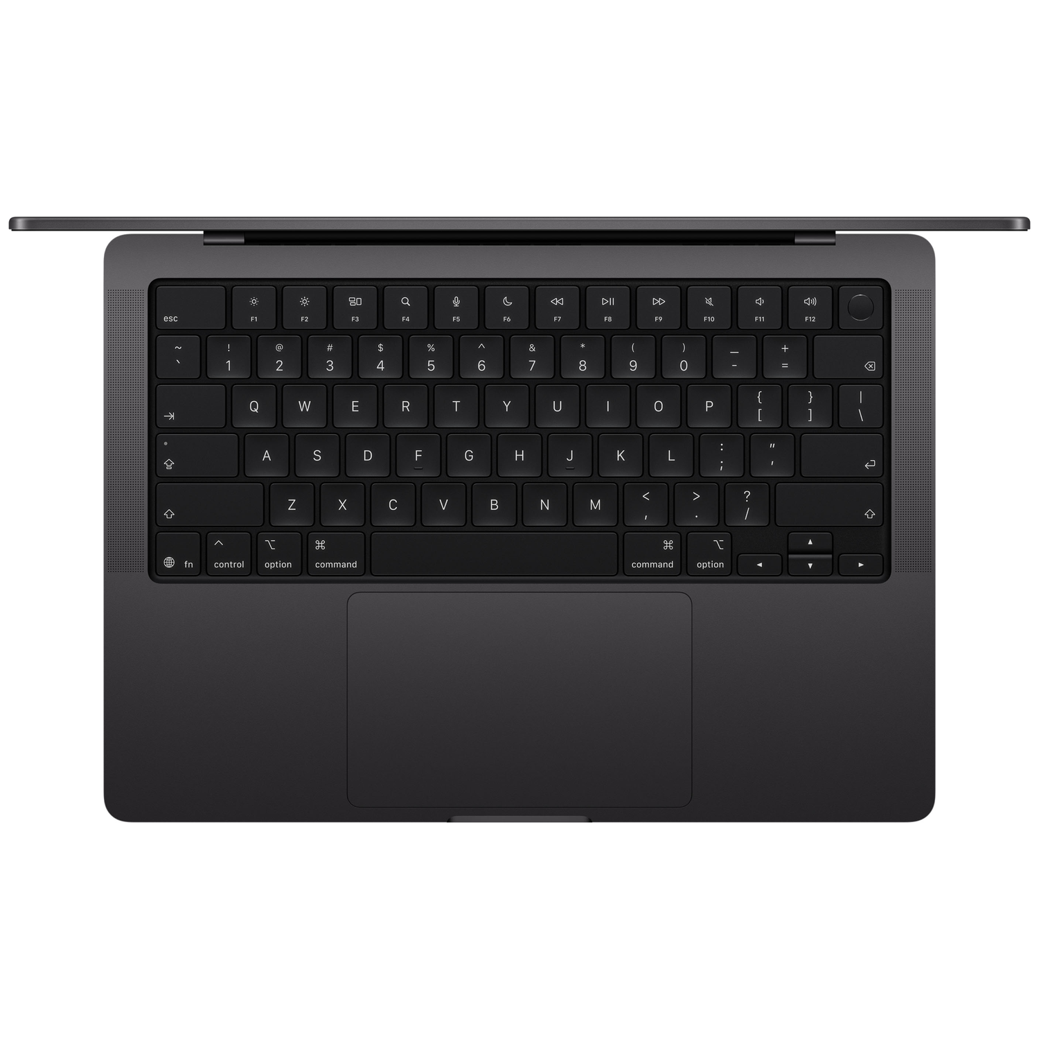 Dark gray MacBook with lid open, showing keyboard and trackpad.