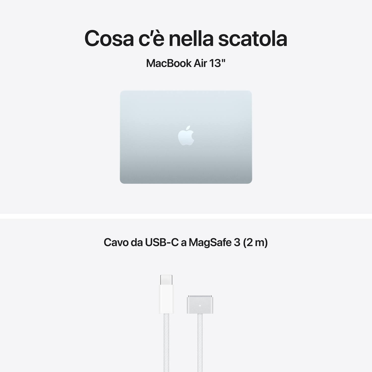 MacBook Air 13" e cavo USB-C a MagSafe 3 bianco.