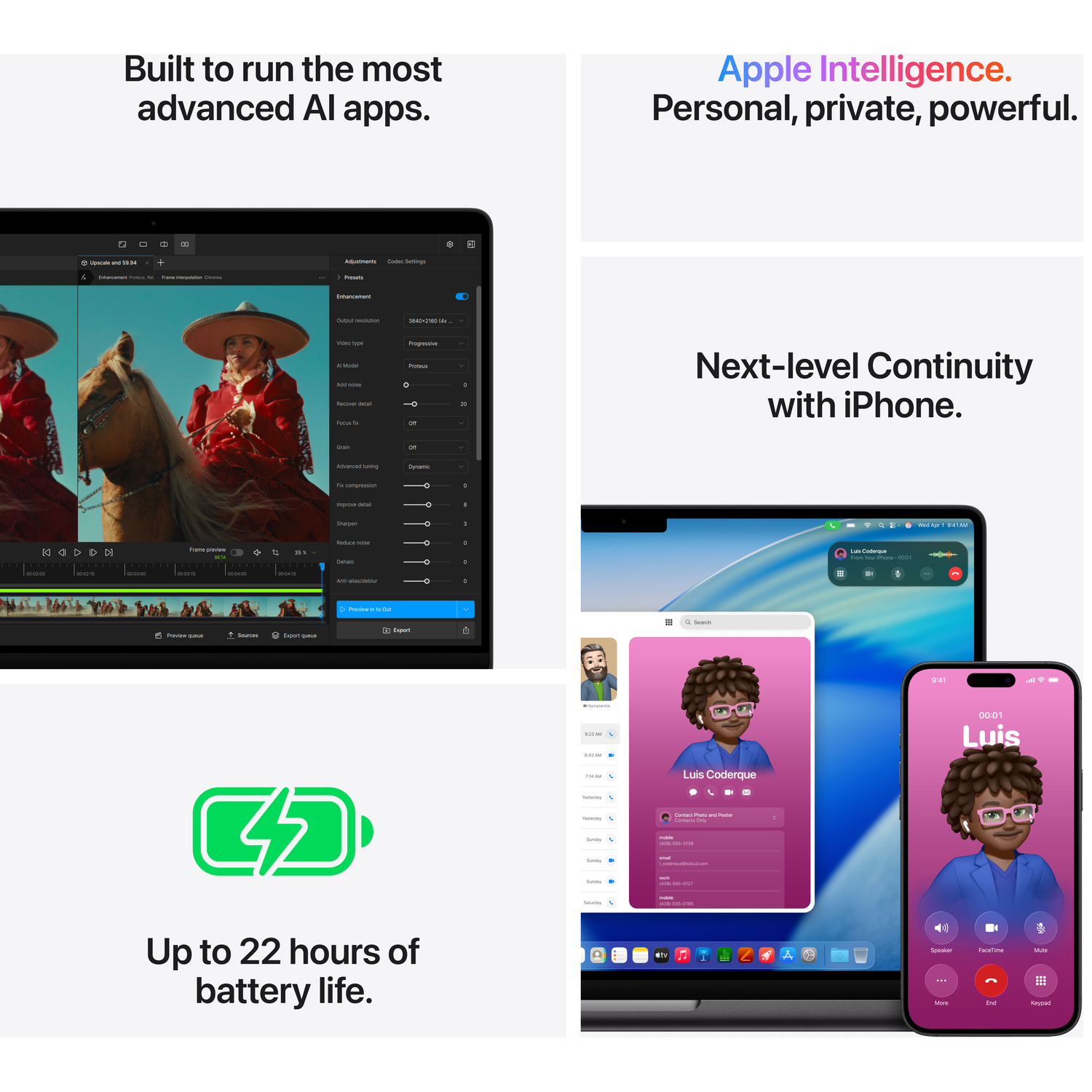 Laptop showing AI video editing software, iPhone & iPad displaying contact info. Battery icon.