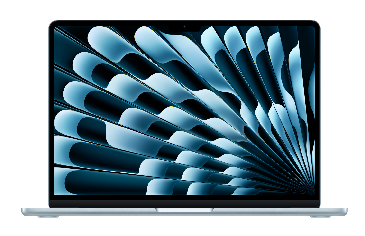 Jasnoszary MacBook z abstrakcyjną niebieską tapetą.