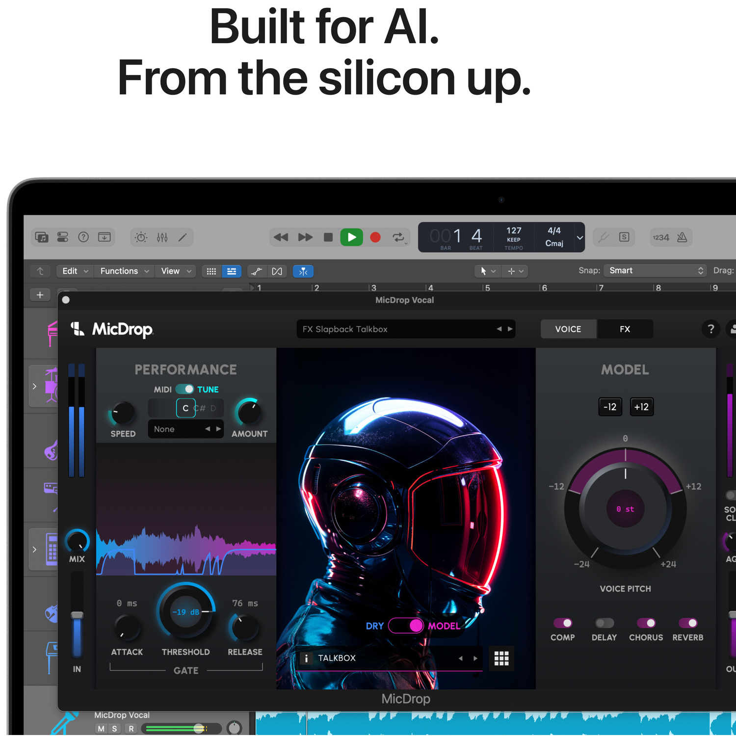 Digital audio workstation screen featuring a futuristic helmet design and controls.