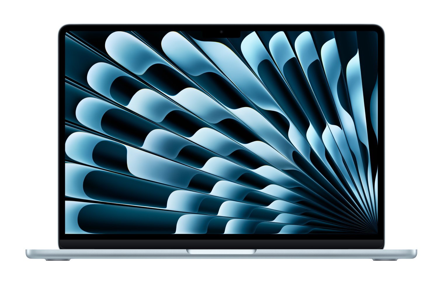 Jasnoniebieski MacBook z abstrakcyjną niebieską tapetą.