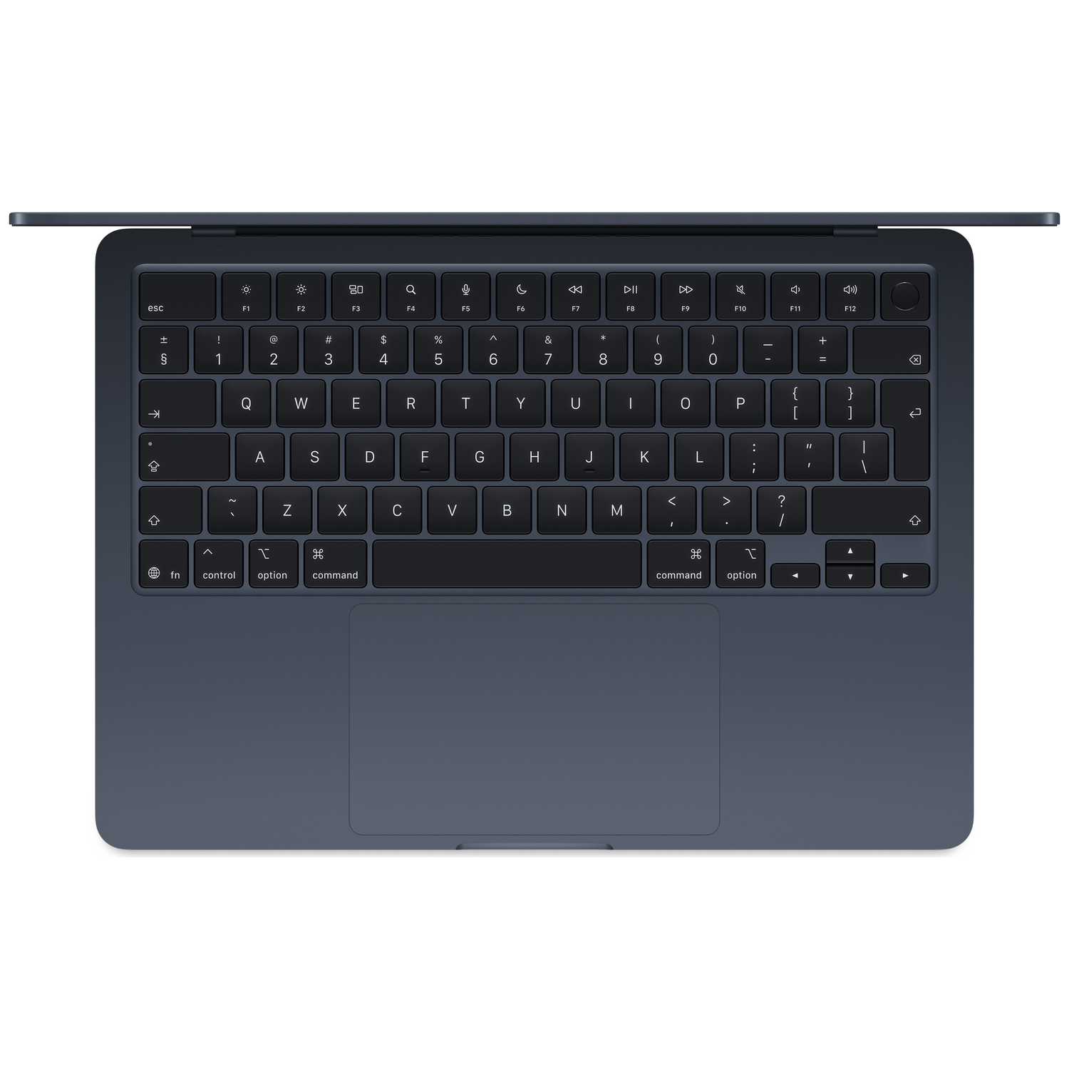 MacBook bleu foncé avec capot ouvert, affichant clavier et trackpad.