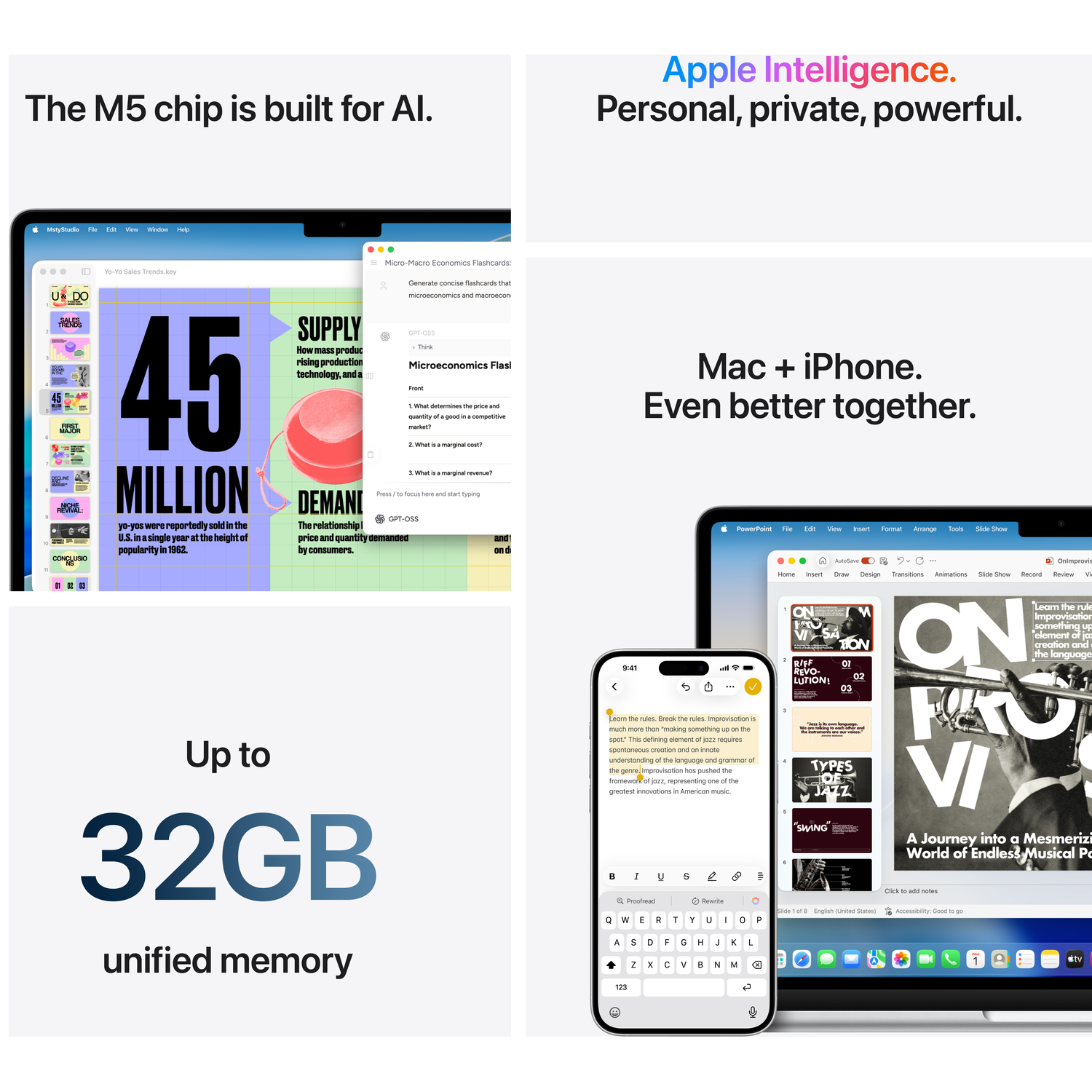 Appareils Apple : Mac et iPhone, puce M5, 32 Go de mémoire, intelligence IA.