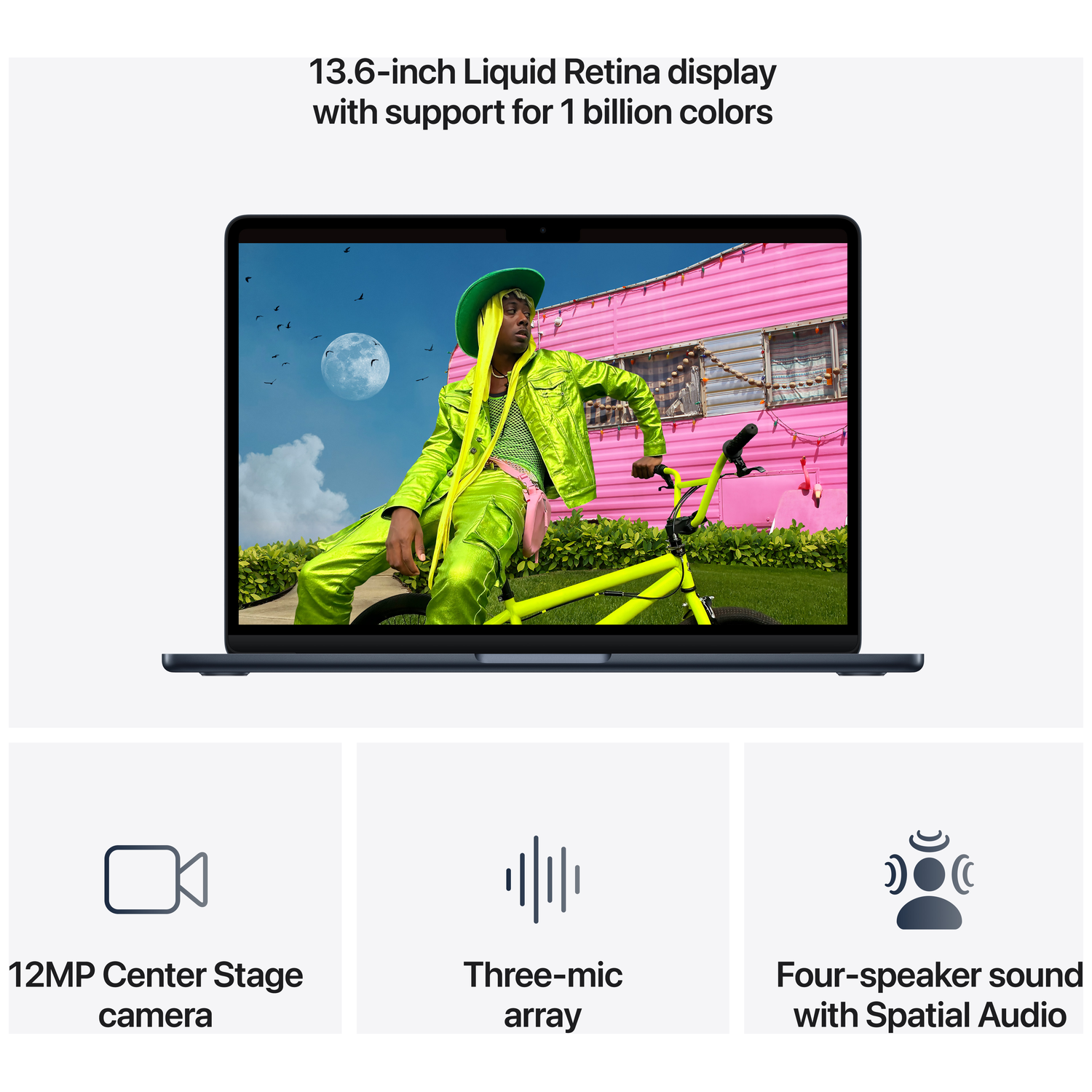 MacBook Air avec écran 13,6 pouces montrant une personne verte à vélo près d'une caravane rose.