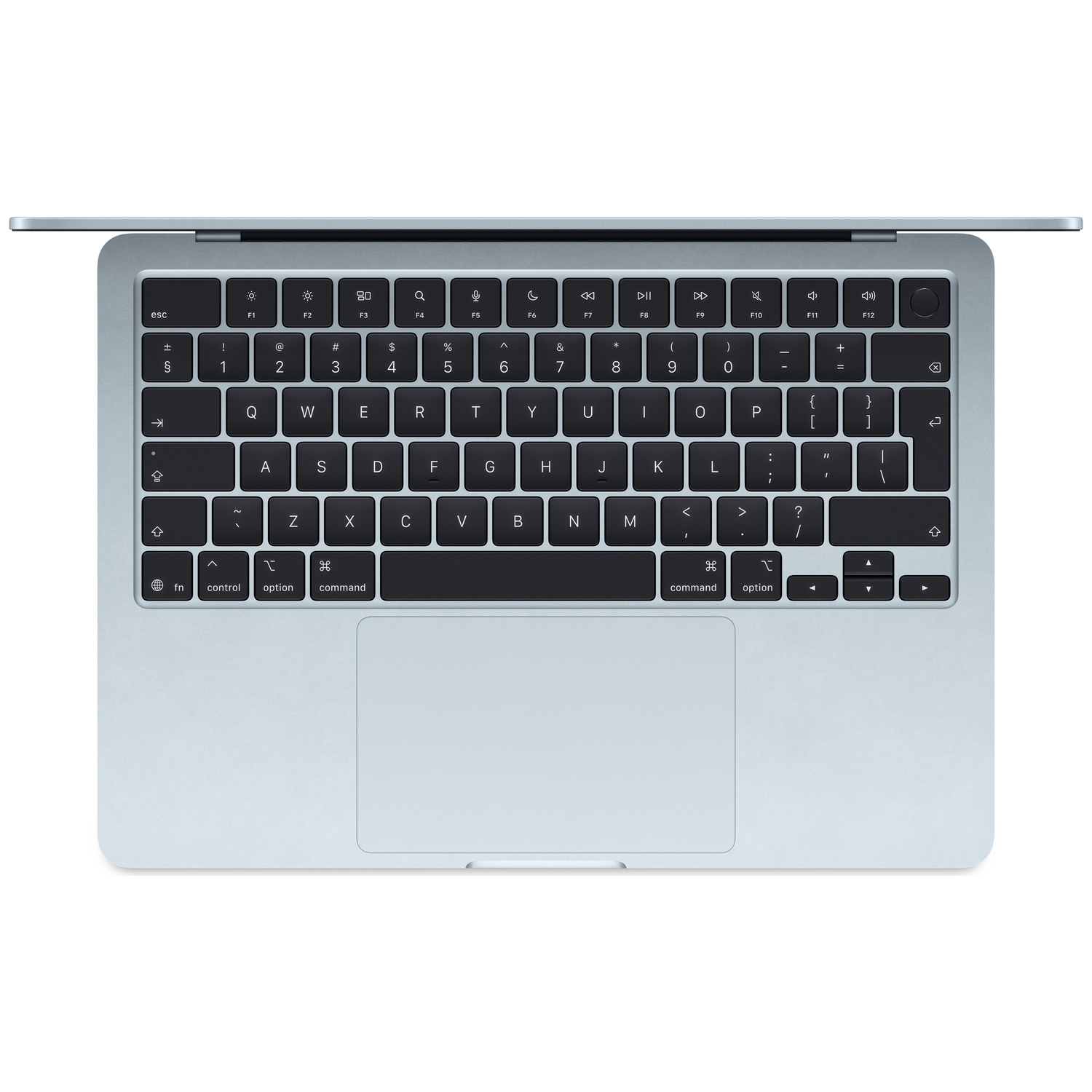 Gros plan du clavier d'un ordinateur portable bleu clair avec des touches noires.