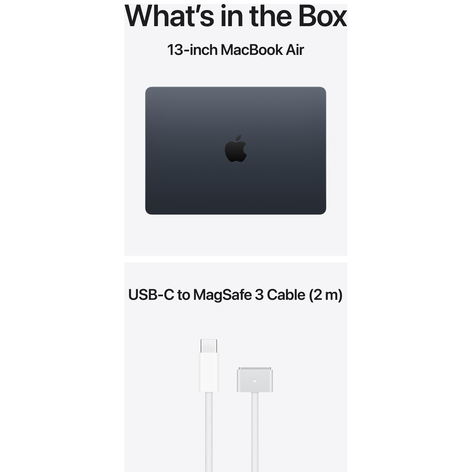MacBook Air gris foncé avec logo Apple et câble de charge blanc.