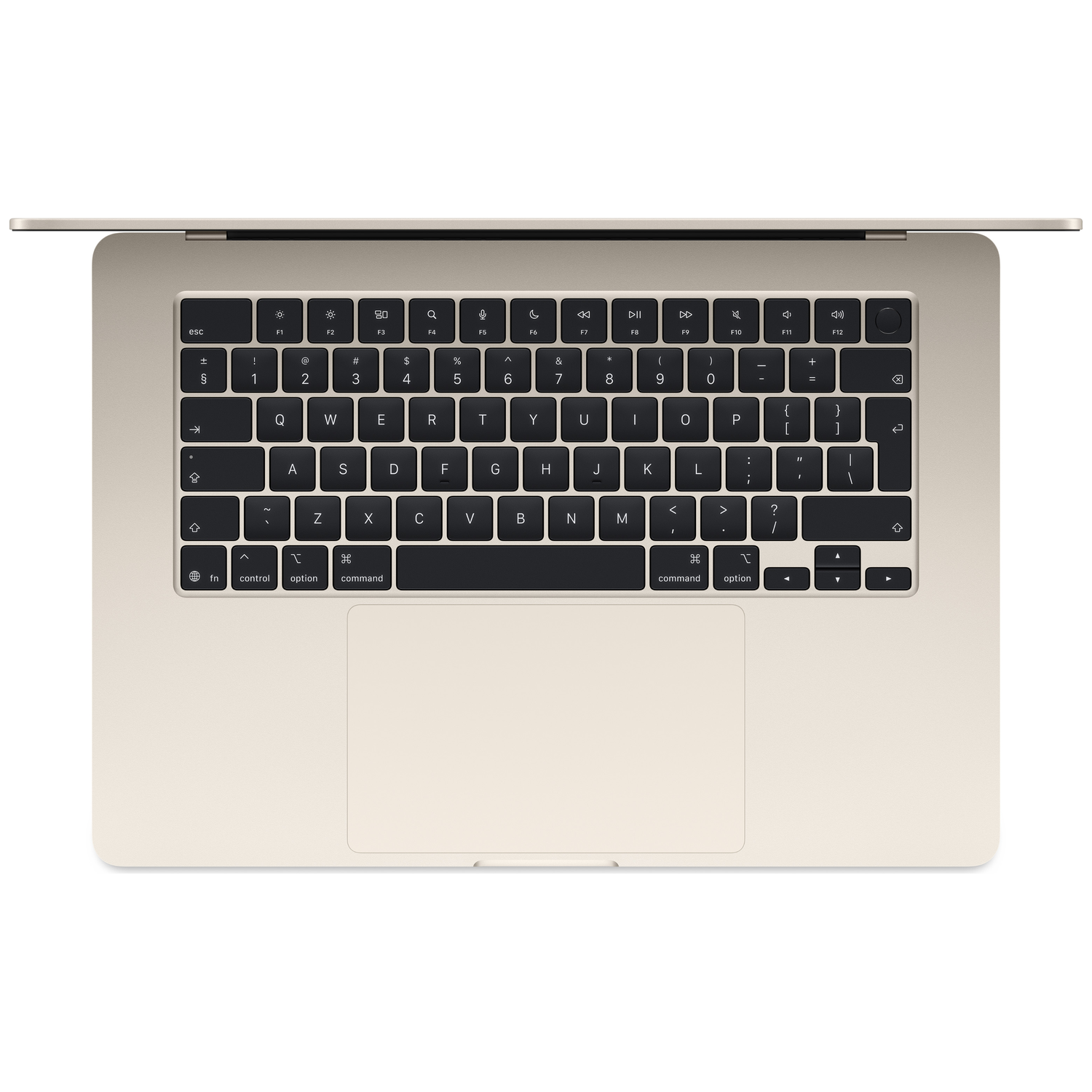 Un ordinateur portable doré clair, vu de dessus, montrant le clavier et le trackpad.