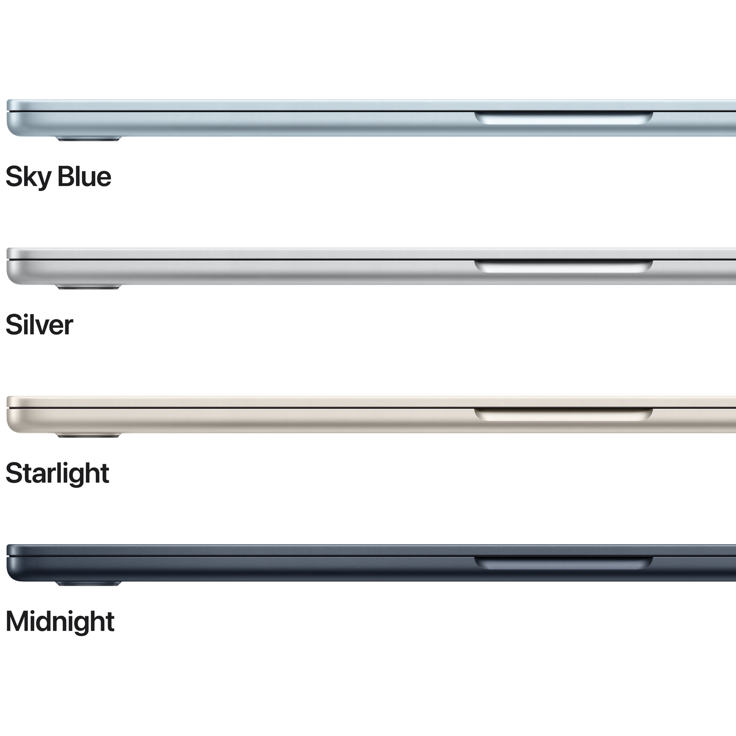 Quatre ordinateurs portables bleu ciel, argent, starlight et minuit.