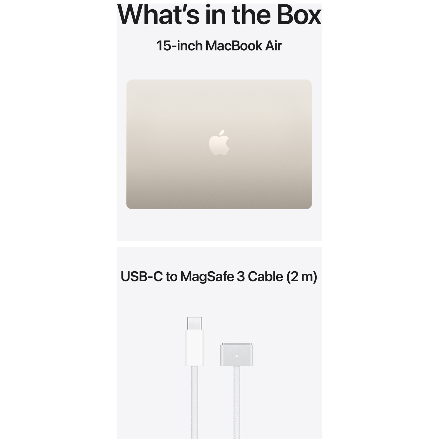 Un MacBook Air 15 pouces doré clair et un câble USB-C vers MagSafe 3 blanc.