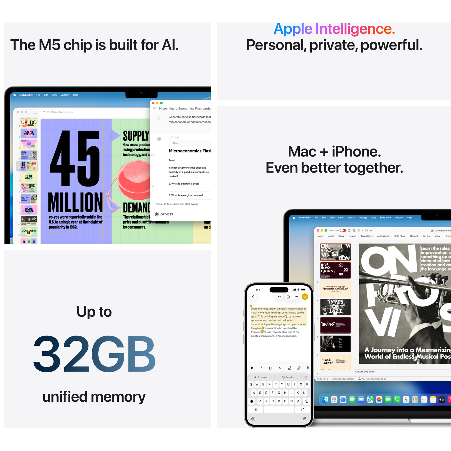 Puce M5 d'Apple, fiches micro-macro éco, Mac+iPhone, 32Go mémoire, présentation jazz.