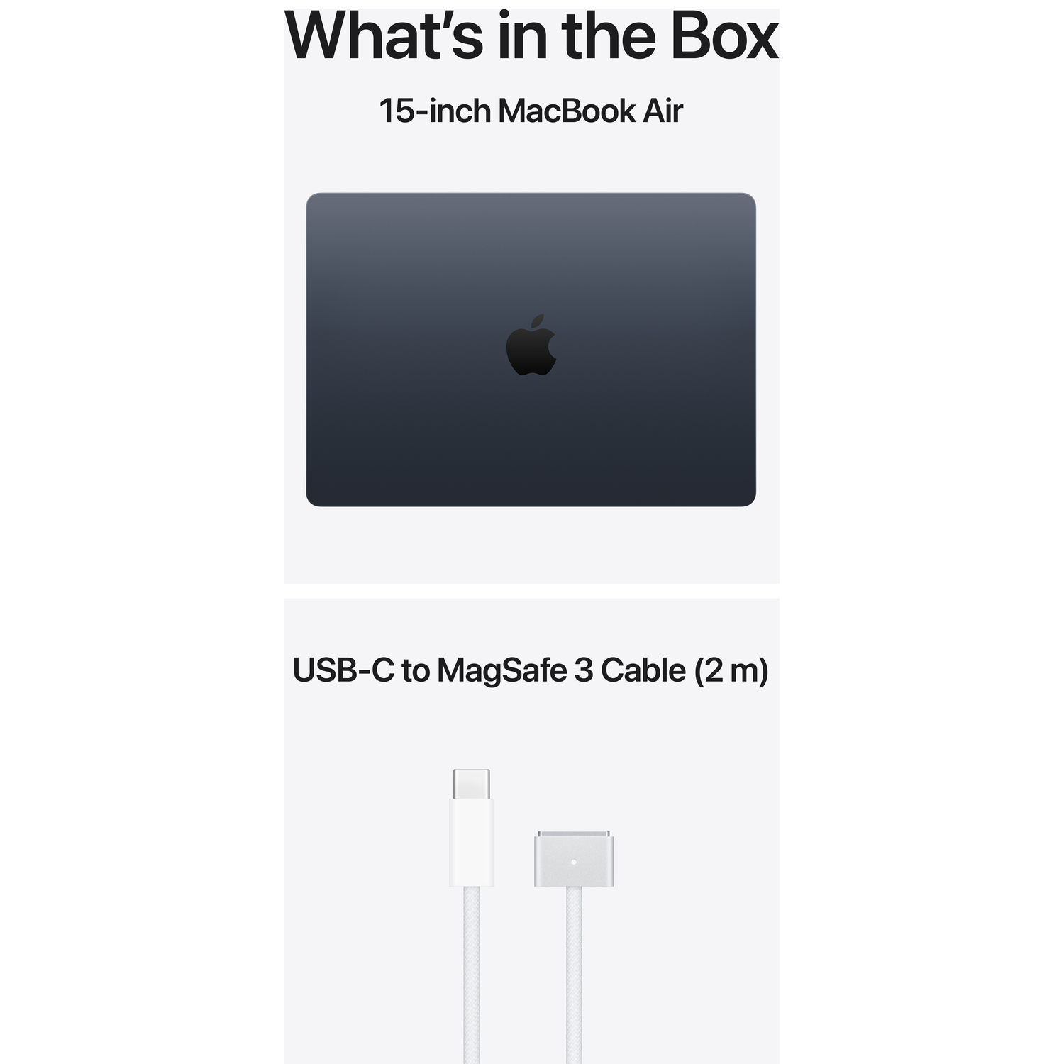 MacBook Air gris foncé et un câble USB-C vers MagSafe 3 blanc.